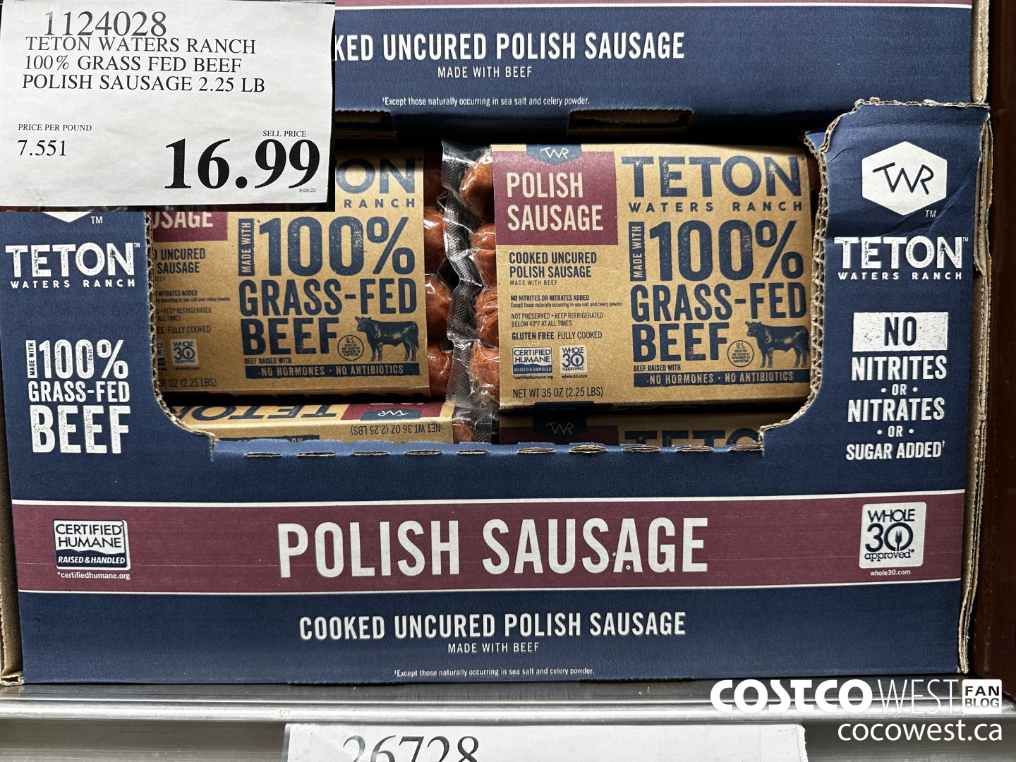 1124028 TETON WATERS RANCH 100% GRASS FED BEEF POLISH SAUSAGE 2.25 LB $16.99
