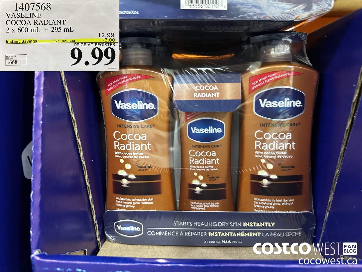 1407568 VASELINE COCOA RADIANT 2 X 600 ML + 295 ML ($3.00 INSTANT SAVINGS EXPIRES ON 2022-12-04) $9.99