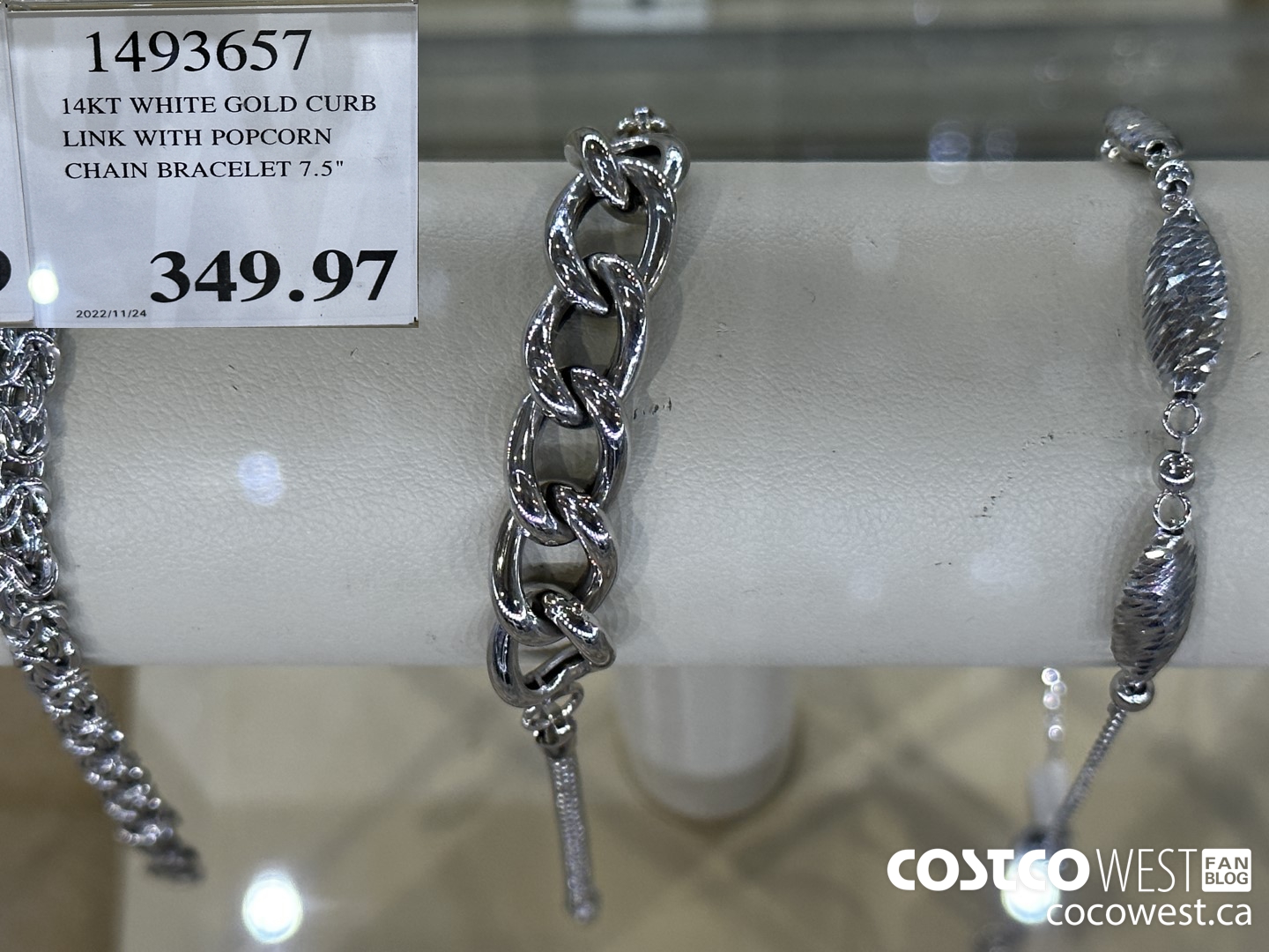 1493657 14KT WHITE GOLD CURB LINK WITH POPCORN CHAIN BRACELET 7.5