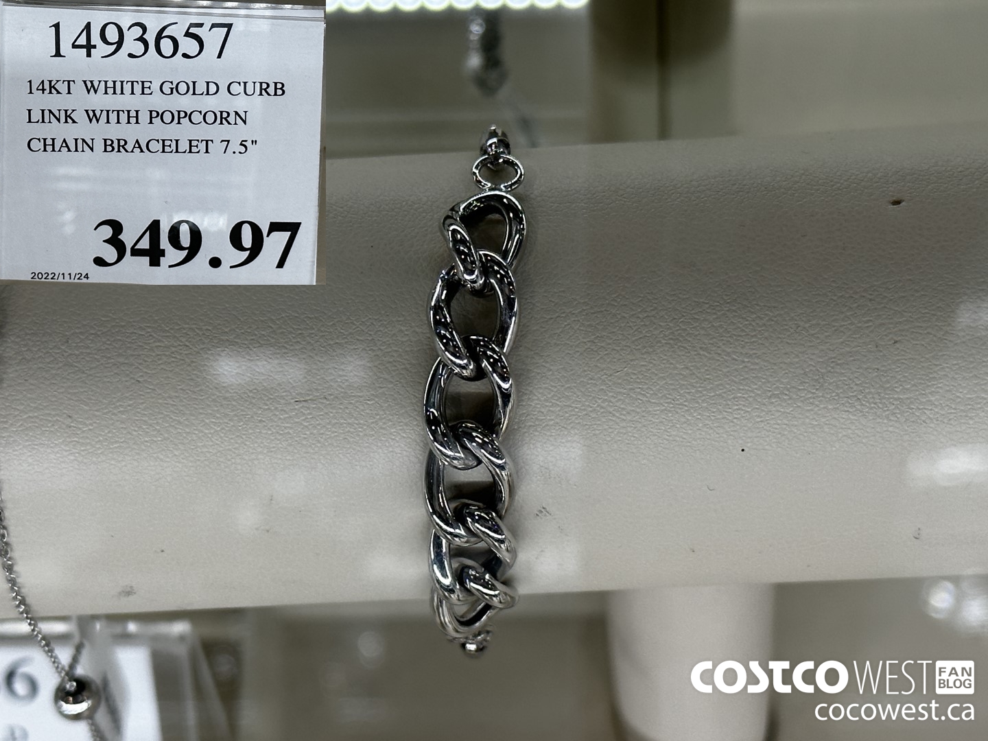 1493657 14KT WHITE GOLD CURB LINK WITH POPCORN CHAIN BRACELET 7.5