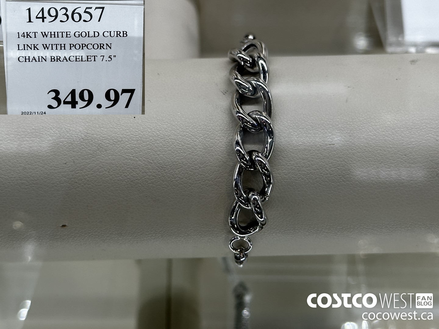1493657 14KT WHITE GOLD CURB LINK WITH POPCORN CHAIN BRACELET 7.5