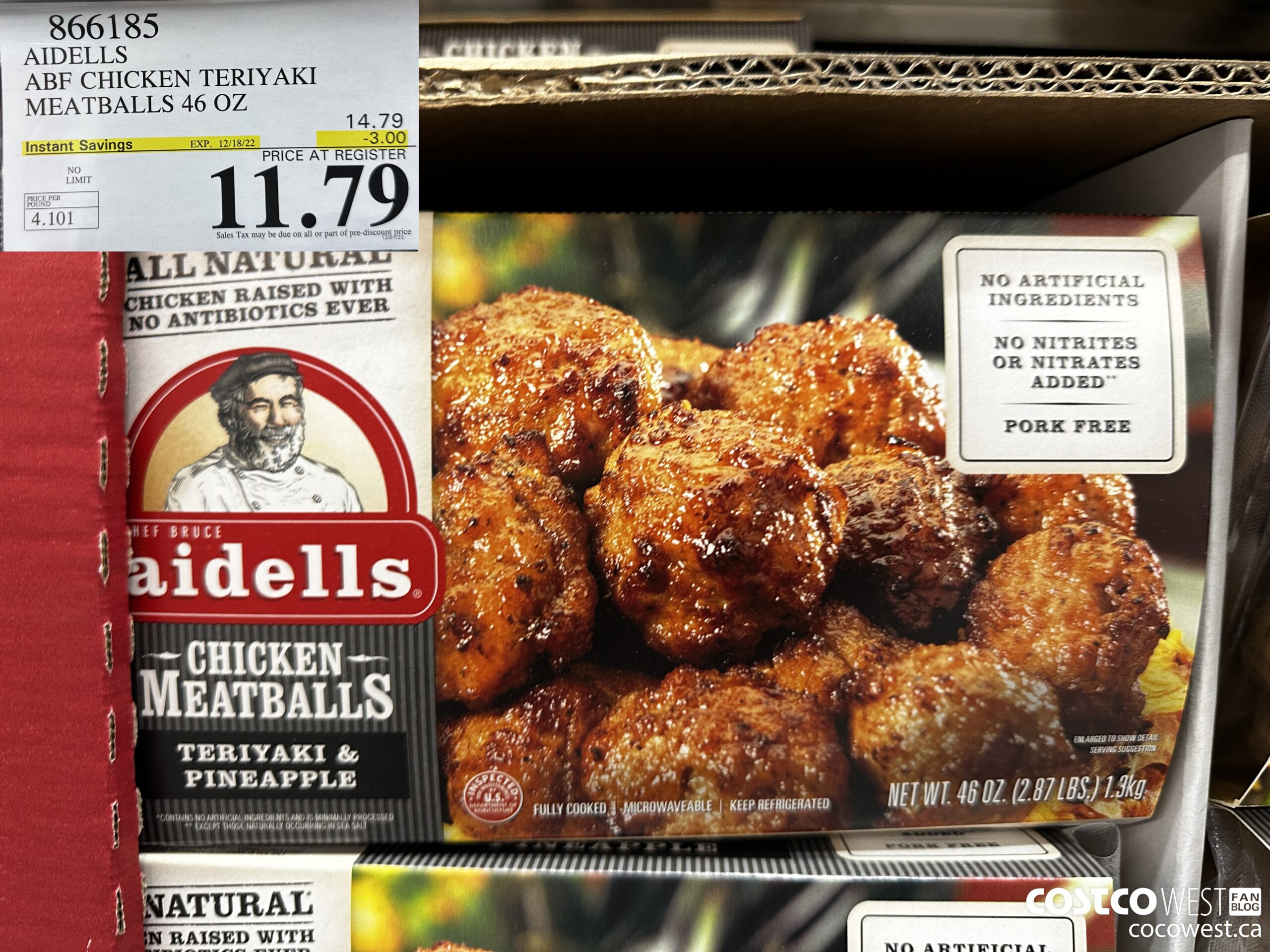 866185 AIDELLS ABF CHICKEN TERIYAKI MEATBALLS 46 OZ ($3.00 INSTANT SAVINGS EXPIRES ON 2022-12-18) $11.79