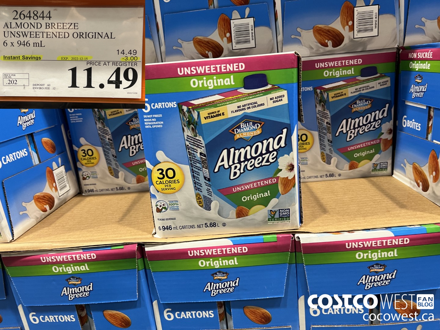 264844 ALMOND BREEZE UNSWEETENED ORIGINAL 6 X 946 ML ($3.00 INSTANT SAVINGS EXPIRES ON 2022-12-15) $11.49