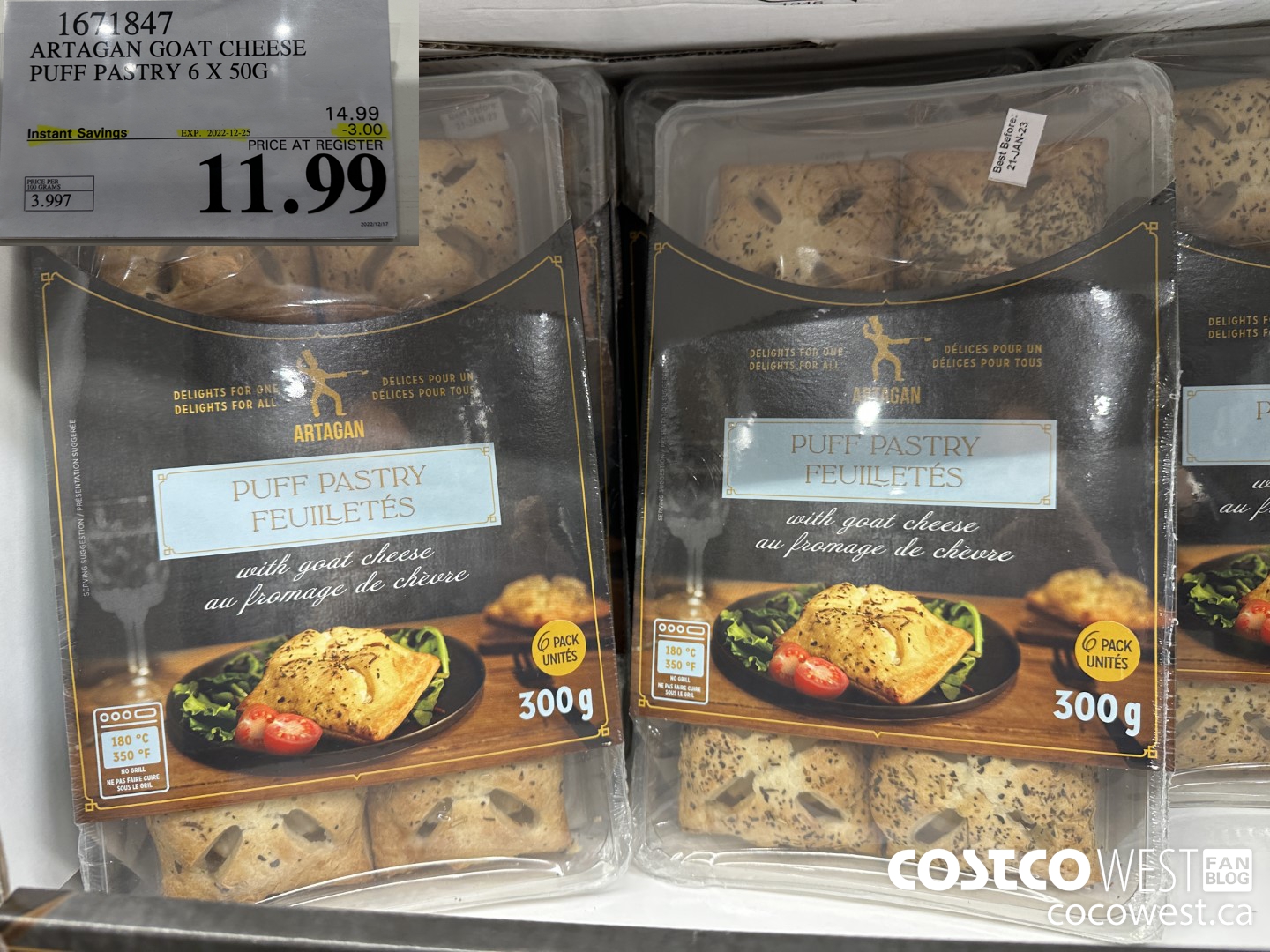 1671847 ARTAGAN GOAT CHEESE PUFF PASTRY 6 X 50G ($3.00 INSTANT SAVINGS EXPIRES ON 2022-12-25) $11.99