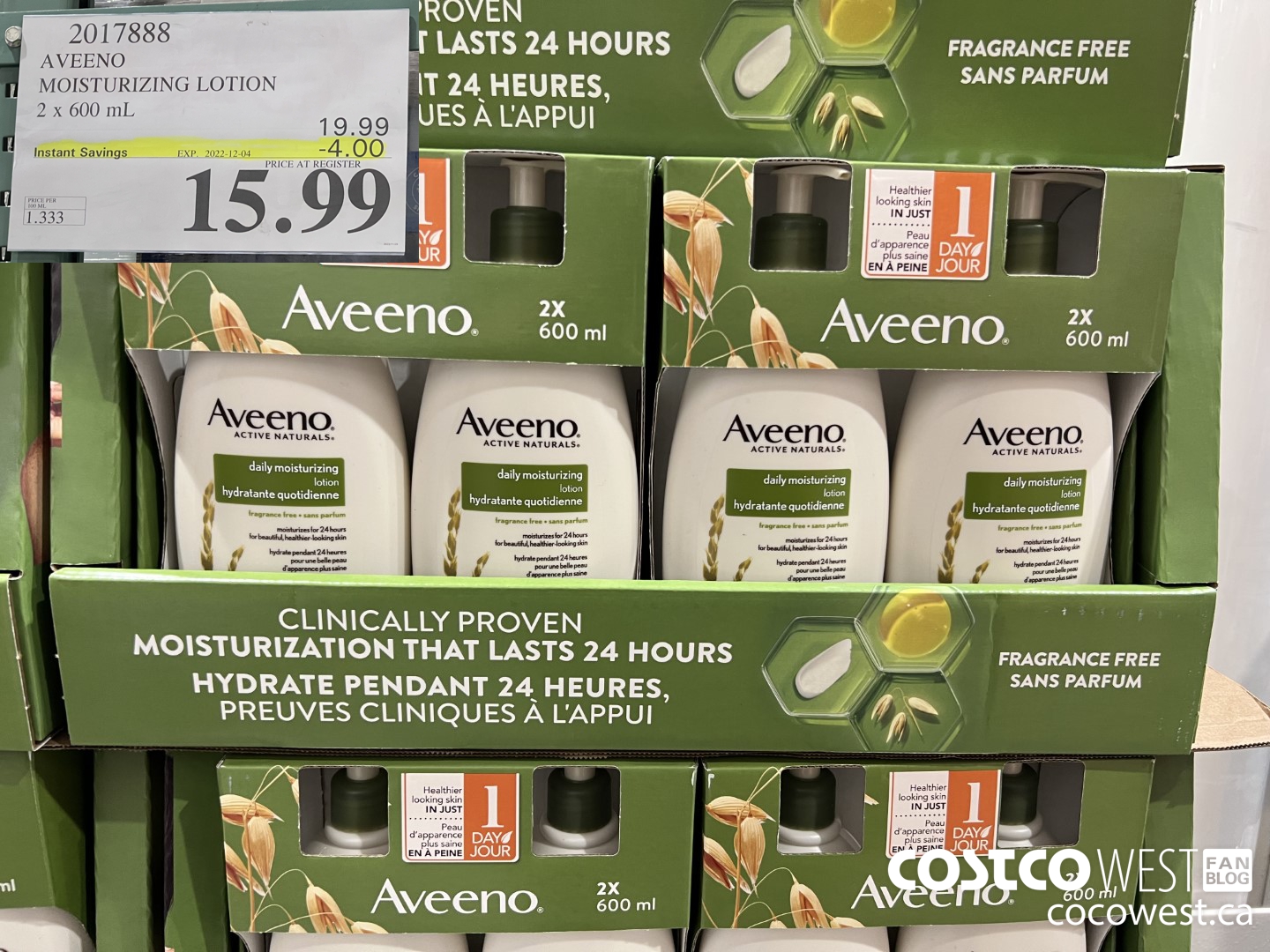2017888 AVEENO MOISTURIZING LOTION 2 x 600 mL ($4.00 INSTANT SAVINGS EXPIRES ON 2022-12-04) $15.99
