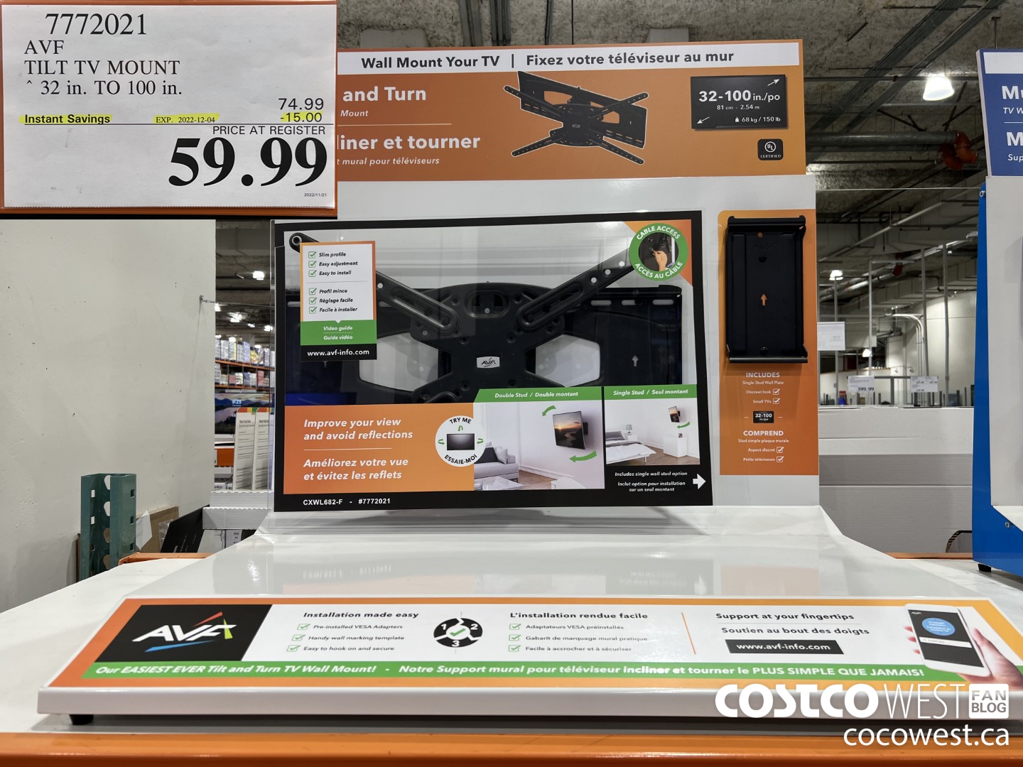 7772021 AVF TILT TV MOUNT 32 in. TO 100 in. ($15.00 INSTANT SAVINGS EXPIRES ON 2022-12-04) $59.99