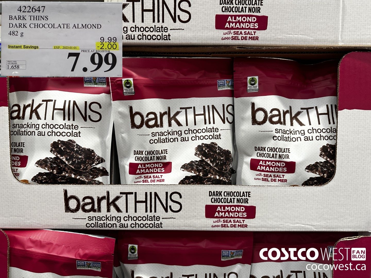 422647 BARK THINS DARK CHOCOLATE ALMOND 482 g ($2.00 INSTANT SAVINGS EXPIRES ON 2023-01-01) $7.99