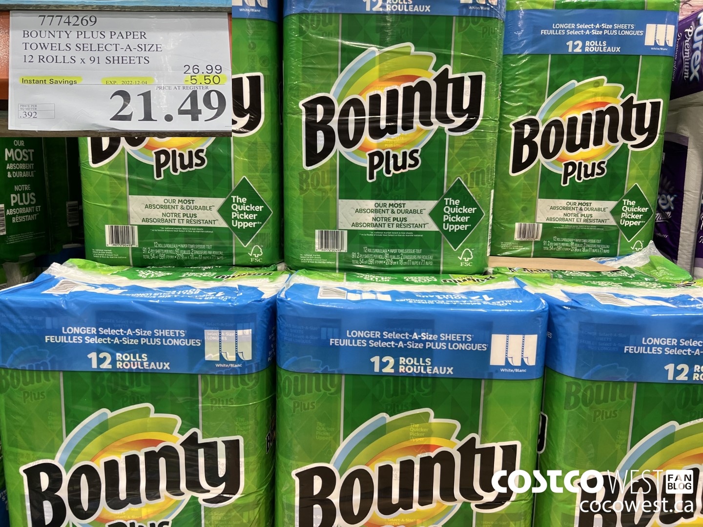 7774269 BOUNTY PLUS PAPER TOWELS SELECT-A-SIZE 12 ROLLS x 91 SHEETS ($5.50 INSTANT SAVINGS EXPIRES ON 2022-12-04) $21.49