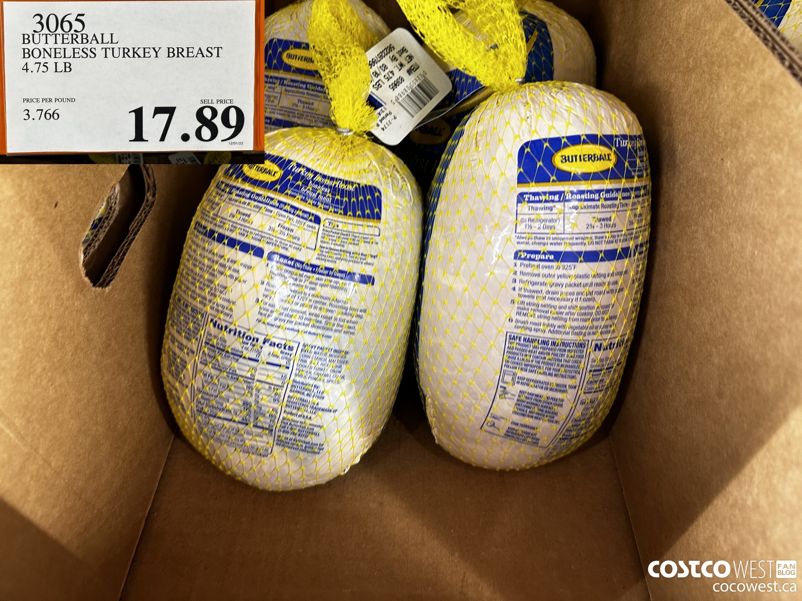 3065 BUTTERBALL BONELESS TURKEY BREAST 4.75 LB $17.89