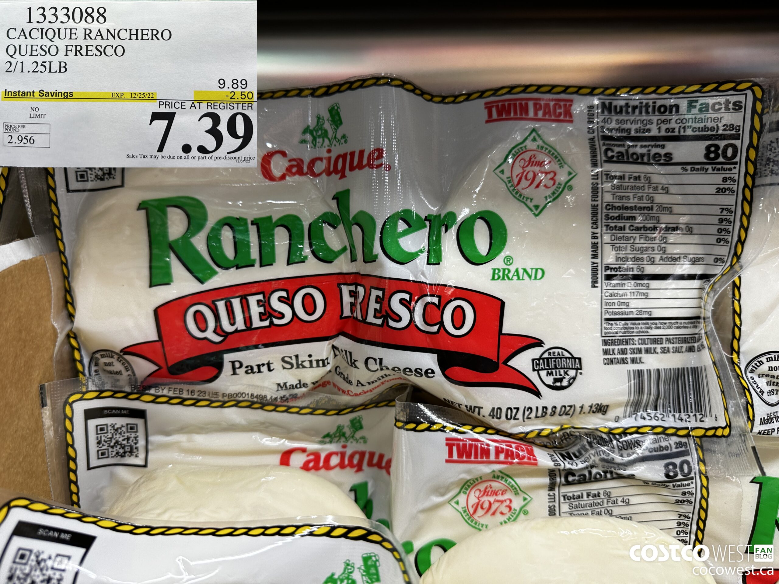 1333088 CACIQUE RANCHERO QUESO FRESCO 2/1.25LB ($2.50 INSTANT SAVINGS EXPIRES ON 2022-12-25) $7.39