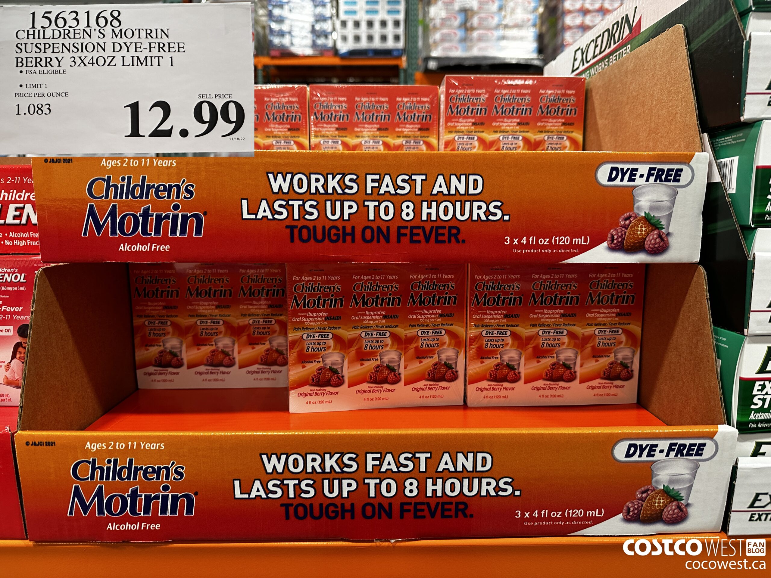 1563168 CHILDREN'S MOTRIN SUSPENSION DYE-FREE BERRY 3X4OZ $12.99