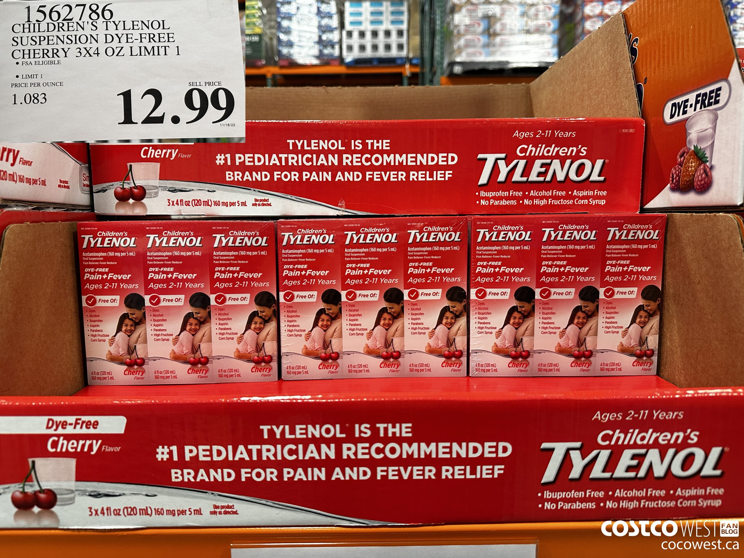 1562786 CHILDREN'S TYLENOL SUSPENSION DYE-FREE CHERRY 3X4 OZ $12.99