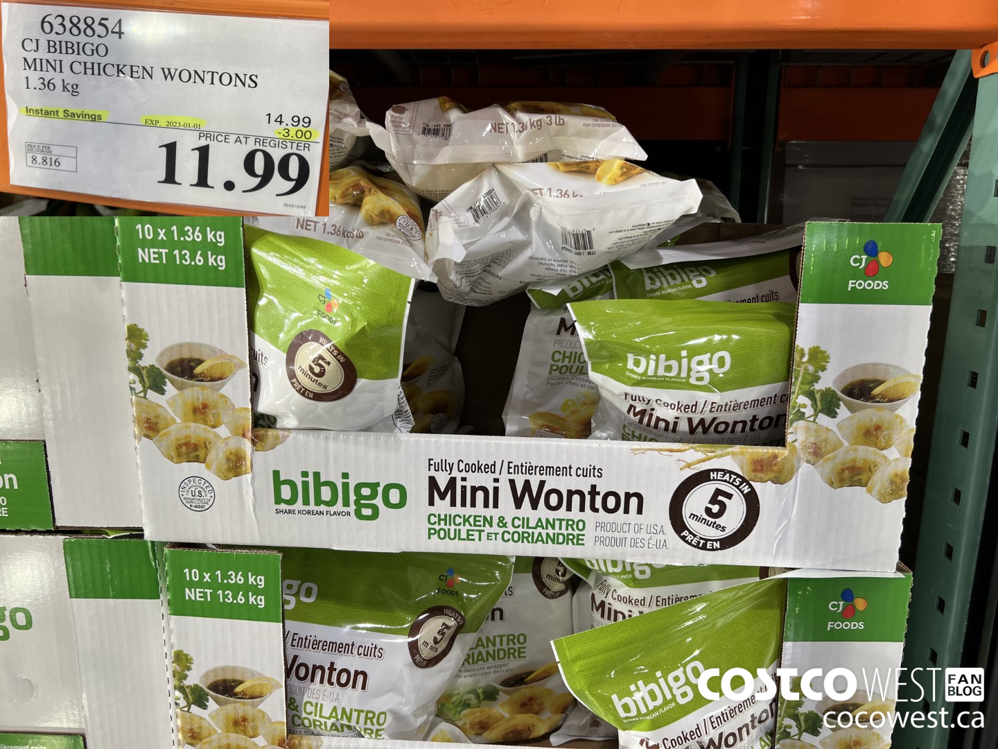 638854 CJ BIBIGO MINI CHICKEN WONTONS 1.36 KG ($3.00 INSTANT SAVINGS EXPIRES ON 2023-01-01) $11.99