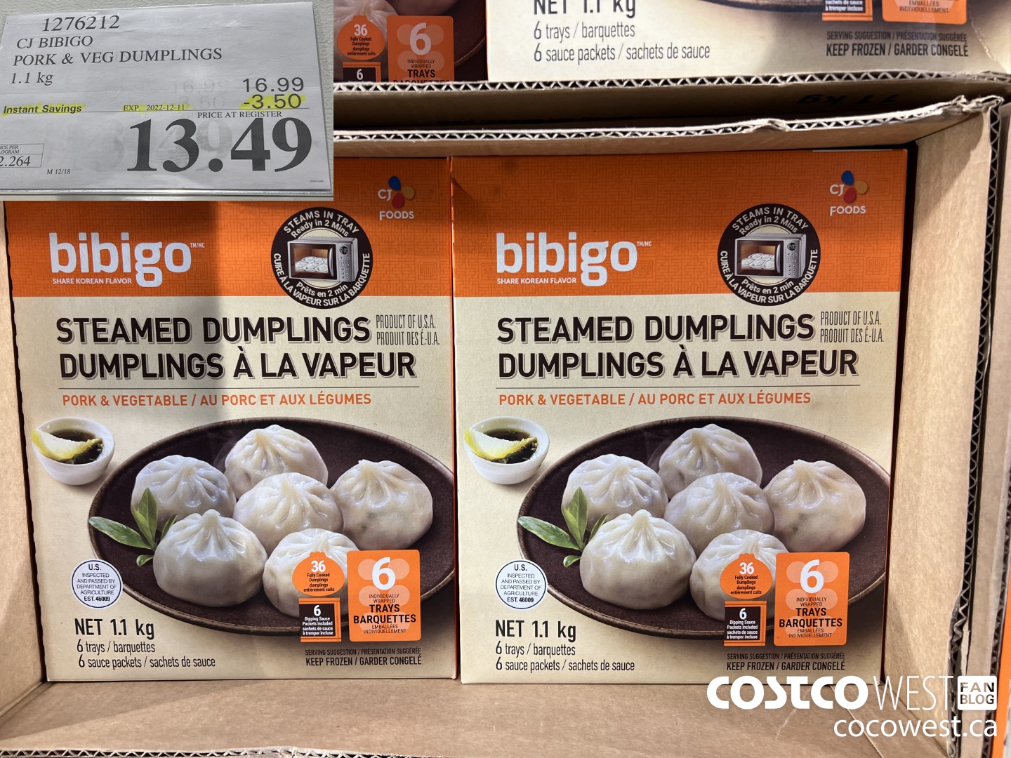 1276212 CJ BIBIGO PORK & VEG DUMPLINGS 1.1 KG ($3.50 INSTANT SAVINGS EXPIRES ON 2022-12-11) $13.49