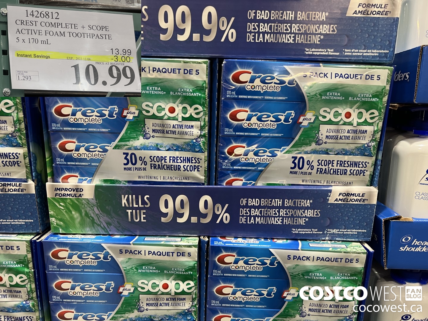 1426812 CREST COMPLETE + SCOPE ACTIVE FOAM TOOTHPASTE 5 x 170ml  ($3.00 INSTANT SAVINGS EXPIRES ON 2022-12-04) $10.99