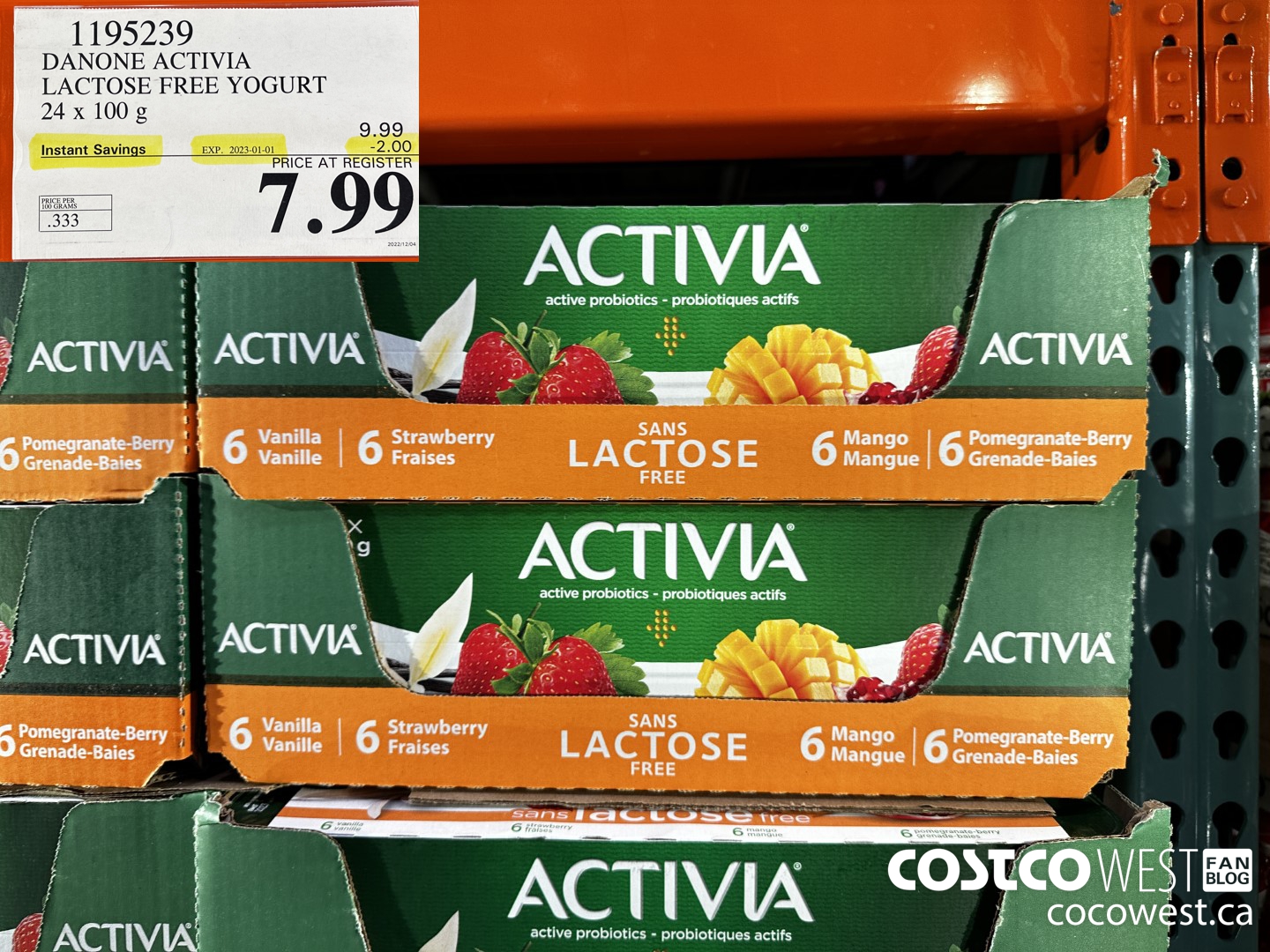 1195239 DANONE ACTIVIA LACTOSE FREE YOGURT 24 x 100 g ($2.00 INSTANT SAVINGS EXPIRES ON 2023-01-01) $7.99