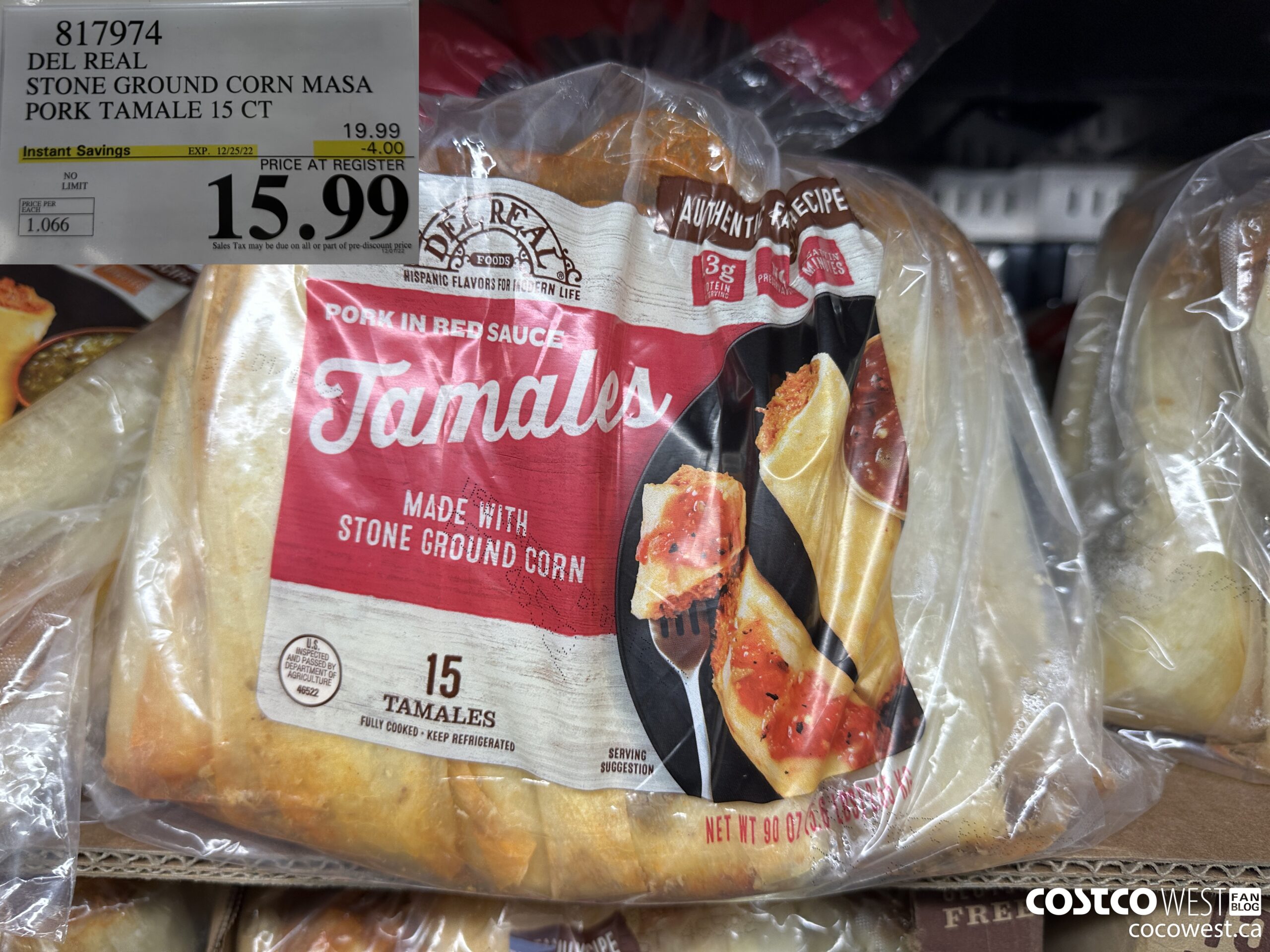 817974 DEL REAL STONE GROUND CORN MASA PORK TAMALE 15 CT ($4.00 INSTANT SAVINGS EXPIRES ON 2022-12-25) $15.99