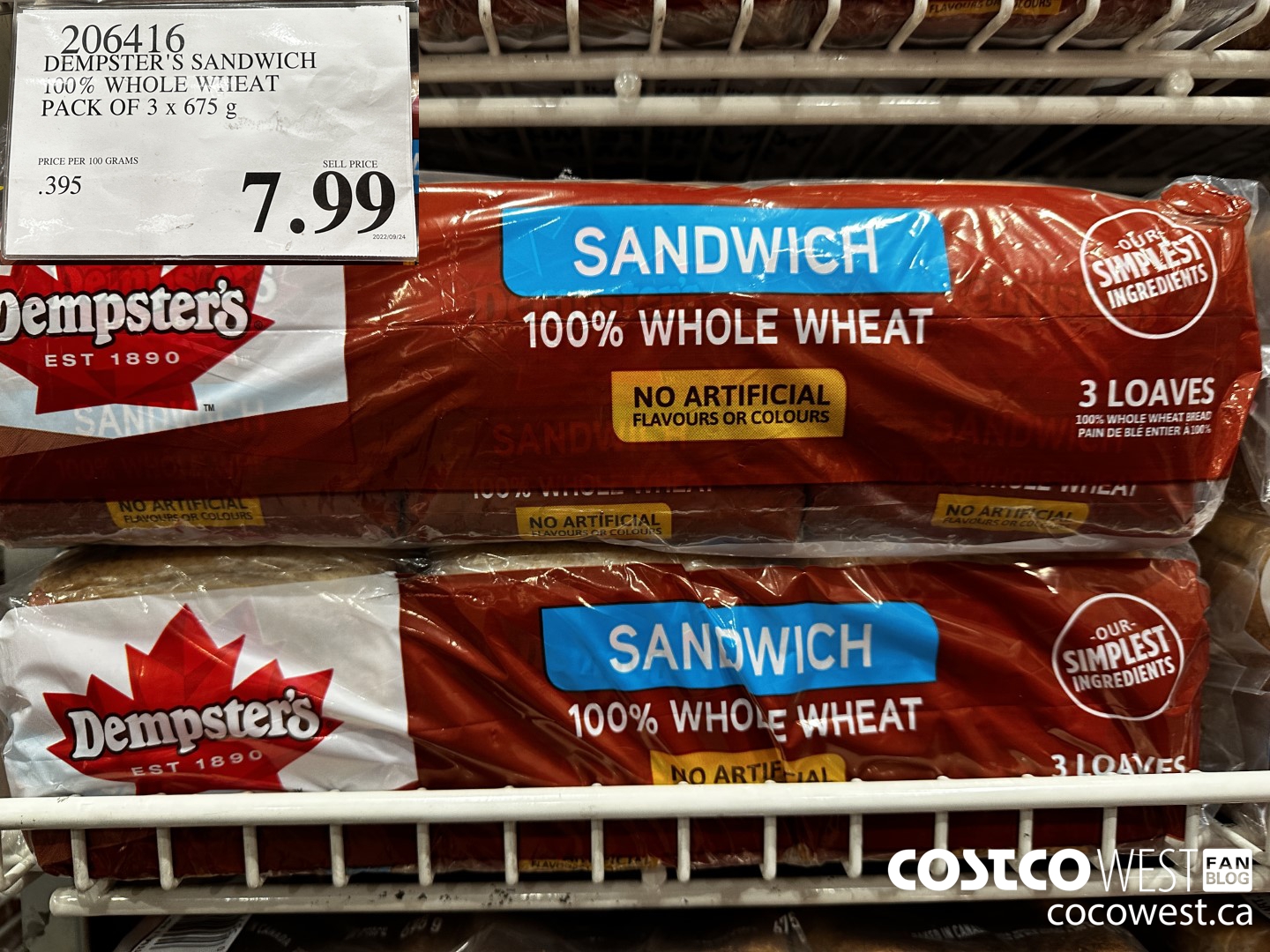 206416 DEMPSTER'S SANDWICH 100% WHOLE WHEAT PACK OF 3 x 675 g $7.99