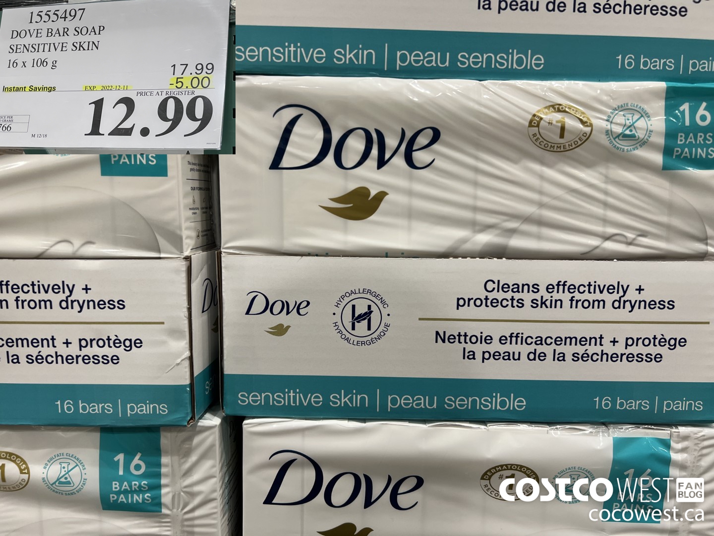 1555497 DOVE BAR SOAP SENSITIVE SKIN 16 x 106 g ($5.00 INSTANT SAVINGS EXPIRES ON 2022-12-11) $12.99