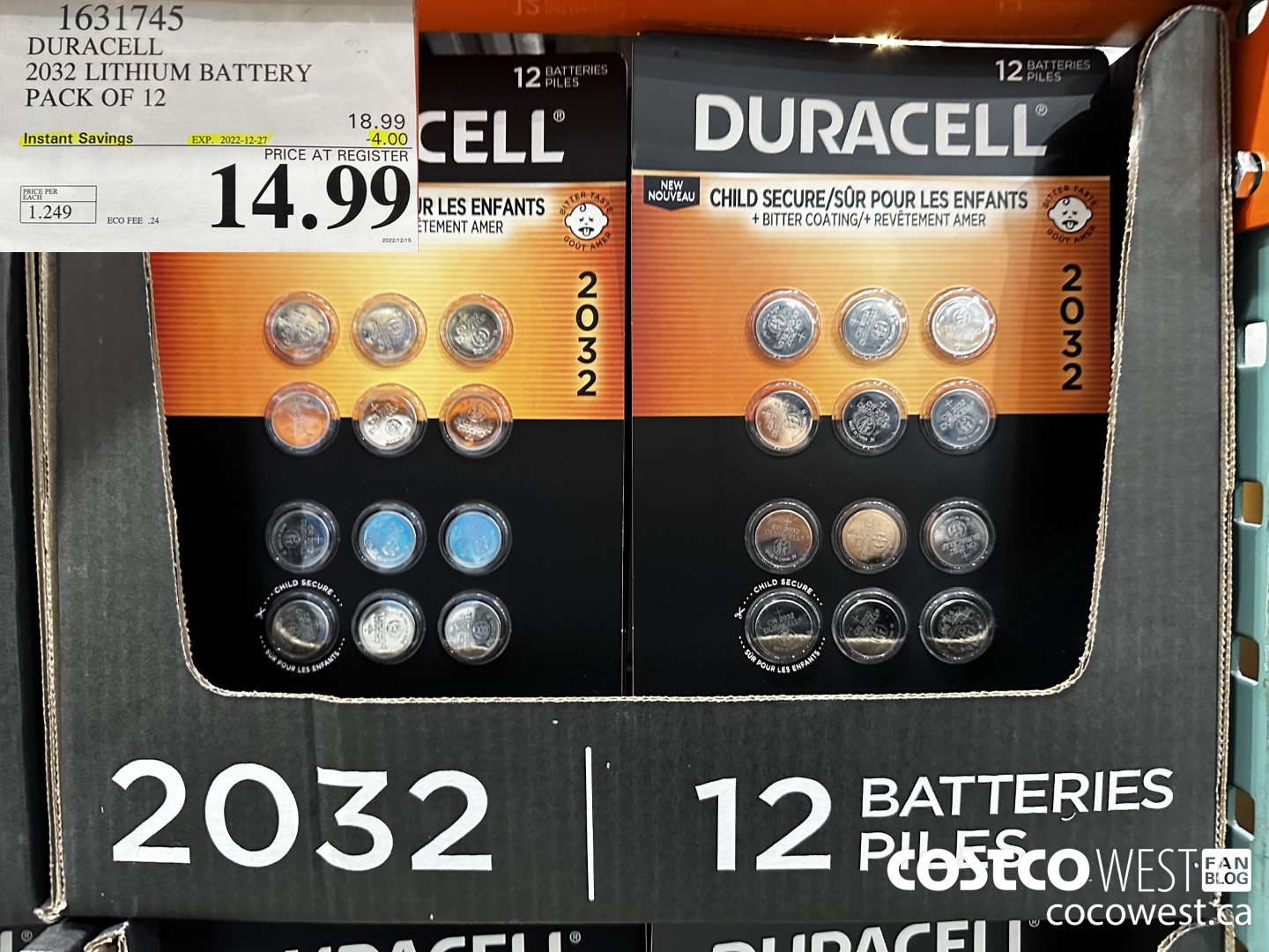 1631745 DURACELL 2032 LITHIUM BATTERY PACK OF 12 ($4.00 INSTANT SAVINGS EXPIRES ON 2022-12-27) $14.99