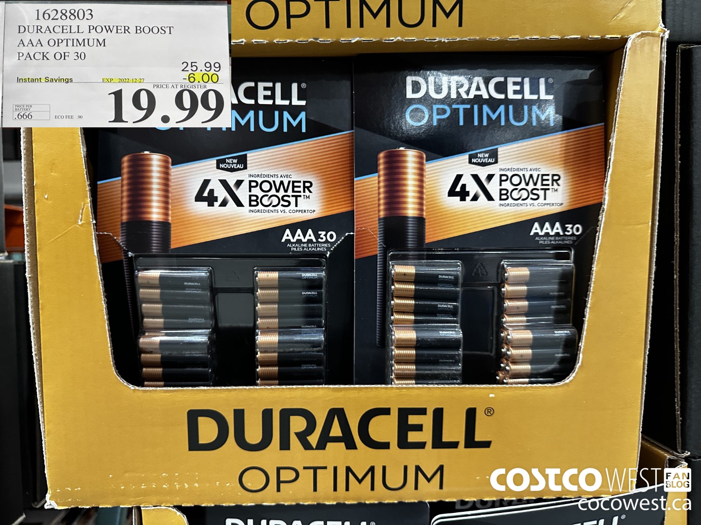 1628803 DURACELL POWER BOOST AAA OPTIMUM PACK OF 30 ($6.00 INSTANT SAVINGS EXPIRES ON 2022-12-27) $19.99