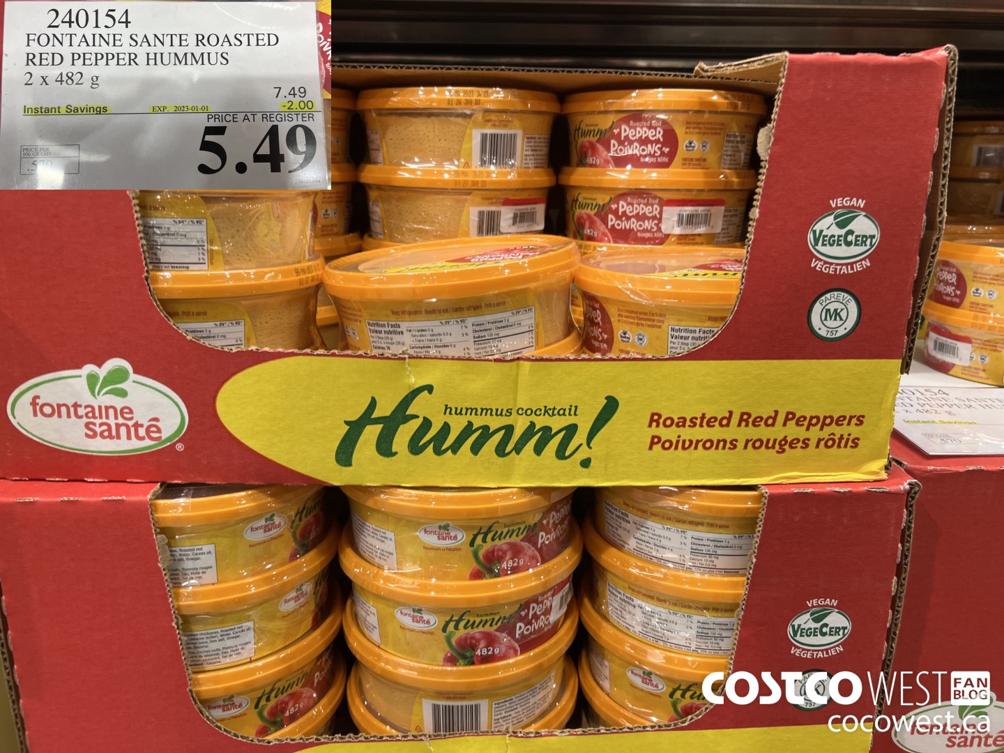240154 FONTAINE SANTE ROASTED RED PEPPER HUMMUS 2 X 482 G ($2.00 INSTANT SAVINGS EXPIRES ON 2023-01-01) $5.49