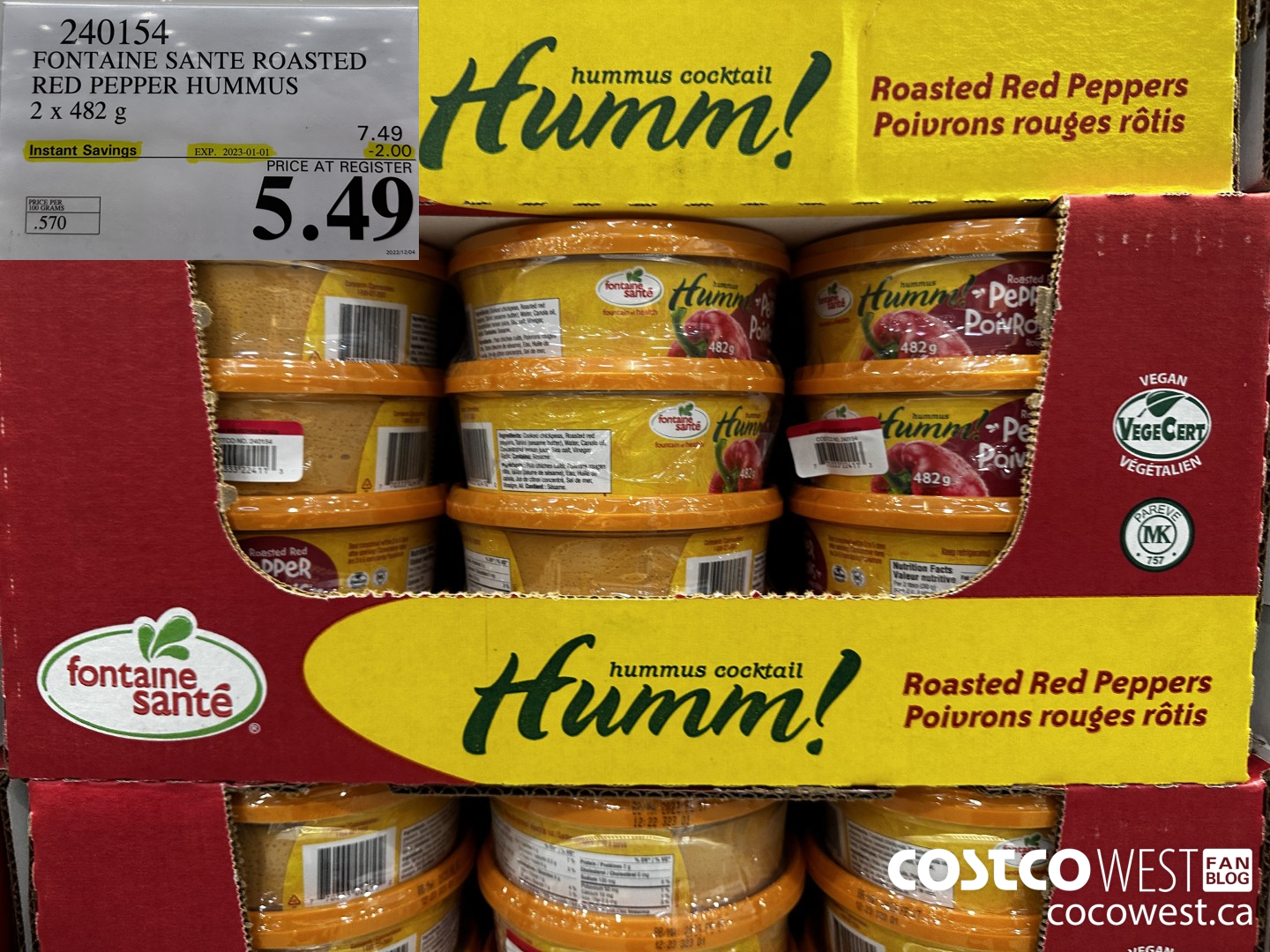 240154 FONTAINE SANTE ROASTED RED PEPPER HUMMUS 2 X 482 G ($2.00 INSTANT SAVINGS EXPIRES ON 2023-01-01) $5.49