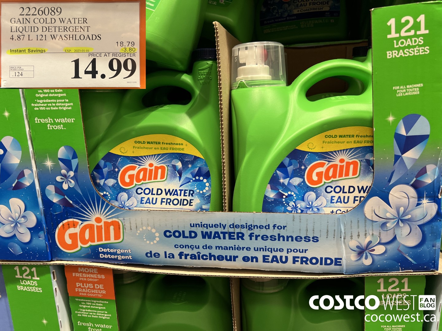 2226089 GAIN COLD WATER LIQUID DETERGENT 4.87L 121 WASHLOADS ($3.80 INSTANT SAVINGS EXPIRES ON 2023-01-01) $14.99