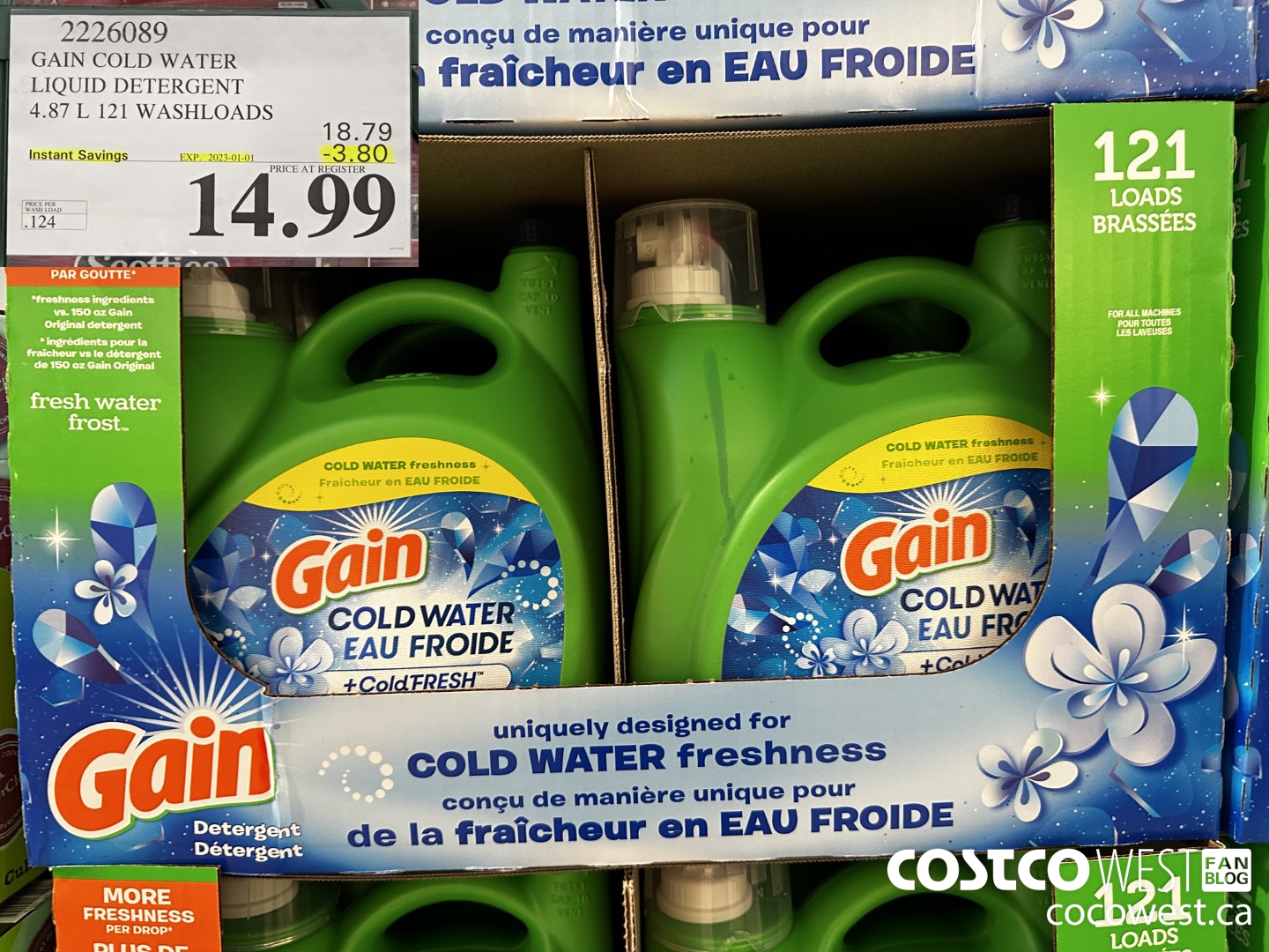 2226089 GAIN COLD WATER LIQUID DETERGENT 4.87L 121 WASHLOADS ($3.80 INSTANT SAVINGS EXPIRES ON 2023-01-01) $14.99