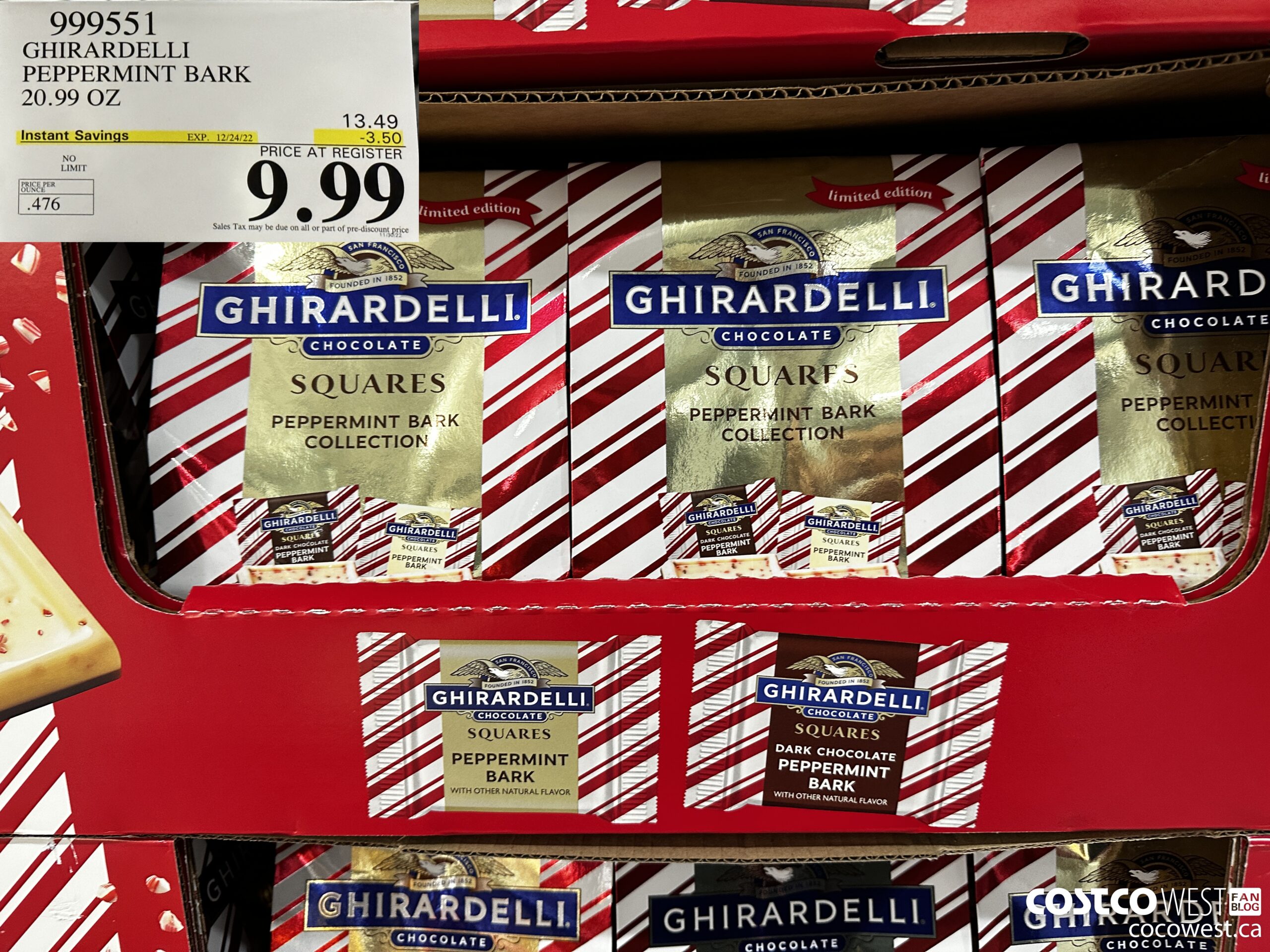 999551 GHIRARDELLI PEPPERMINT BARK 20.99 OZ ($3.50 INSTANT SAVINGS EXPIRES ON 2022-12-24) $9.99