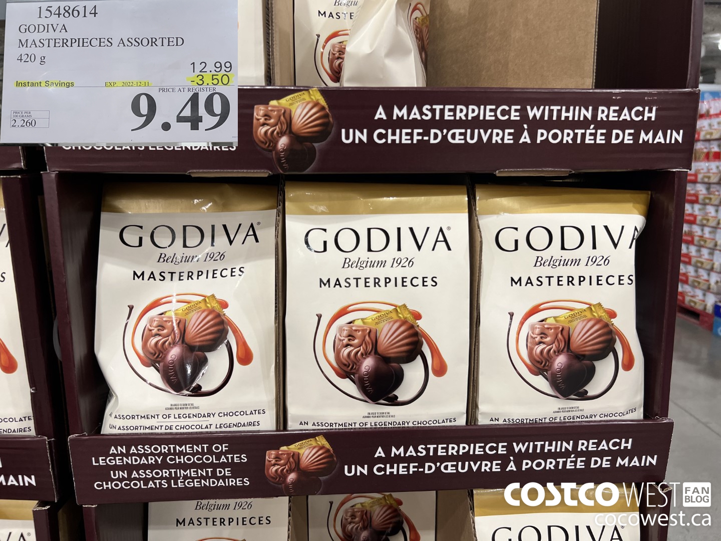 1548614 GODIVA MASTERPIECES ASSORTED 415 g ($3.50 INSTANT SAVINGS EXPIRES ON 2022-12-11) $9.49