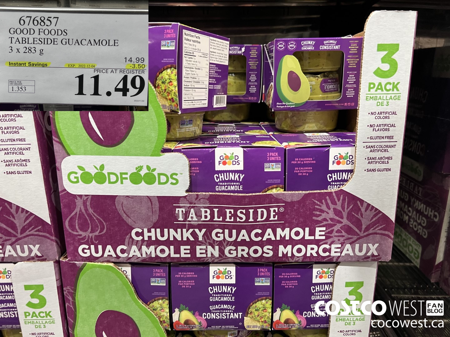 676857 GOOD FOODS TABLESIDE GUACAMOLE 3 x 283 g ($3.50 INSTANT SAVINGS EXPIRES ON 2022-12-04) $11.49