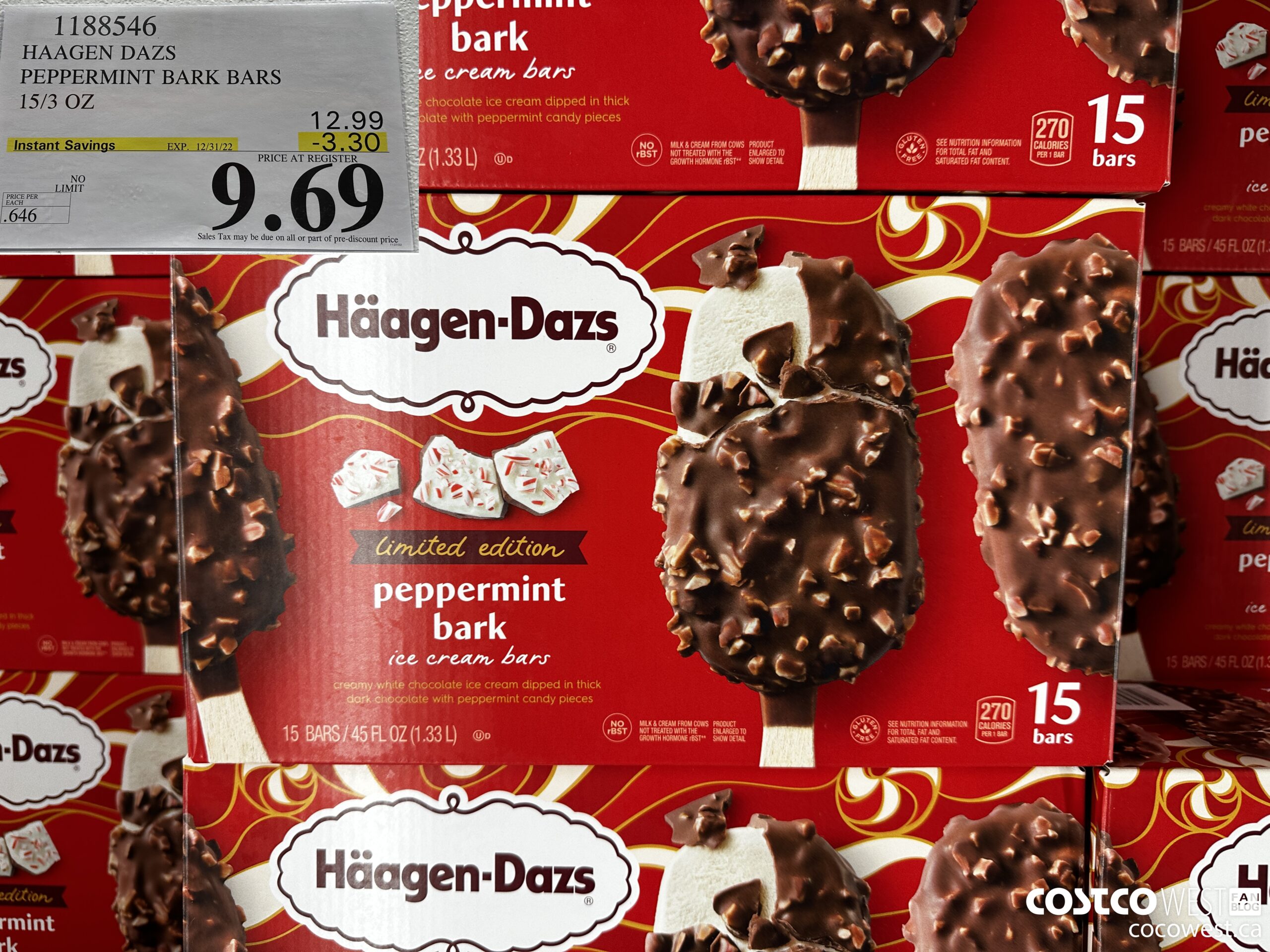1188546 HAAGEN DAZS PEPPERMINT BARK BARS 15/3 OZ ($3.30 INSTANT SAVINGS EXPIRES ON 2022-12-31) $9.69