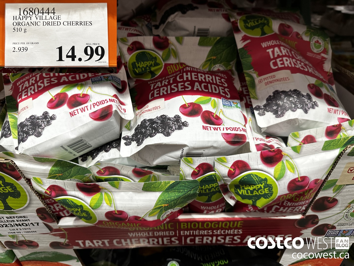 1680444 HAPPY VILLAGE ORGANIC DRIED CHERRIES 510 G $14.99