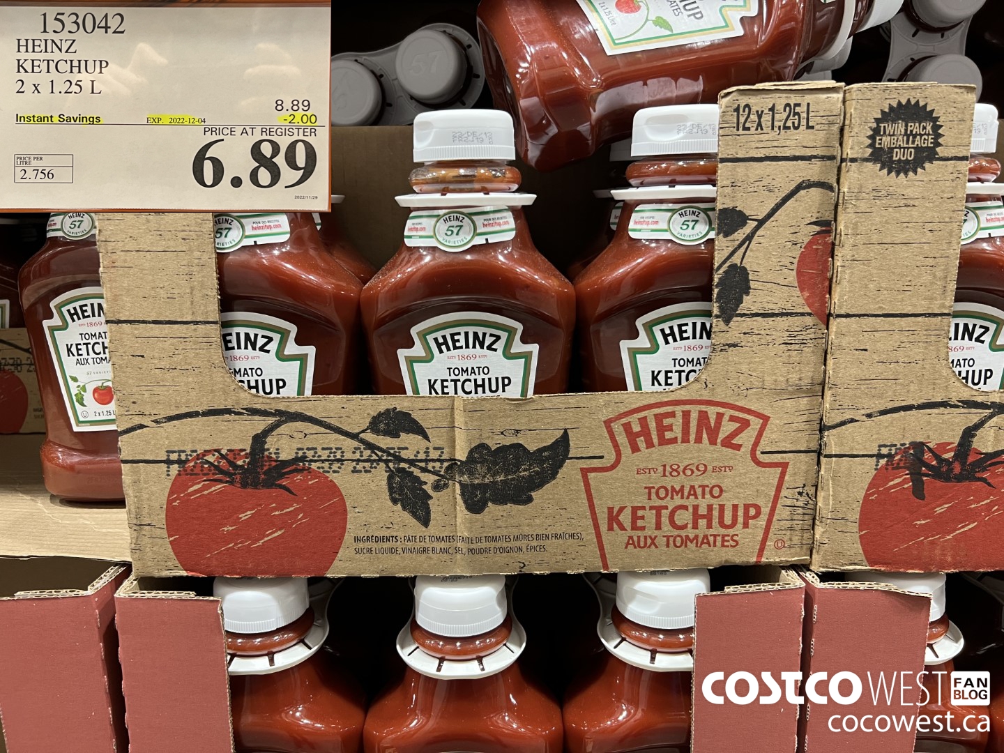 153042 HEINZ KETCHUP 2 x 1.25 L ($2.00 INSTANT SAVINGS EXPIRES ON 2022-12-04) $6.89