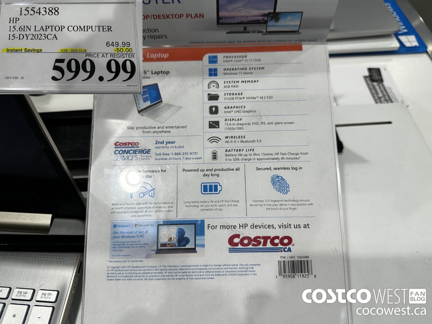 1554388 HP 15.6 IN LAPTOP COMPUTER 15-DY2023CA ($50.00 INSTANT SAVINGS EXPIRES ON 2022-12-28) $599.99