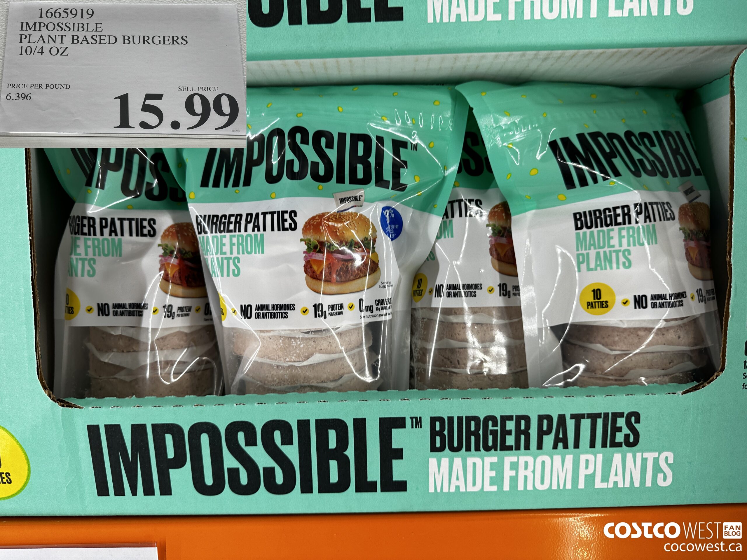 1665919 IMPOSSIBLE PLANT BASED BURGERS 10/4 OZ $15.99