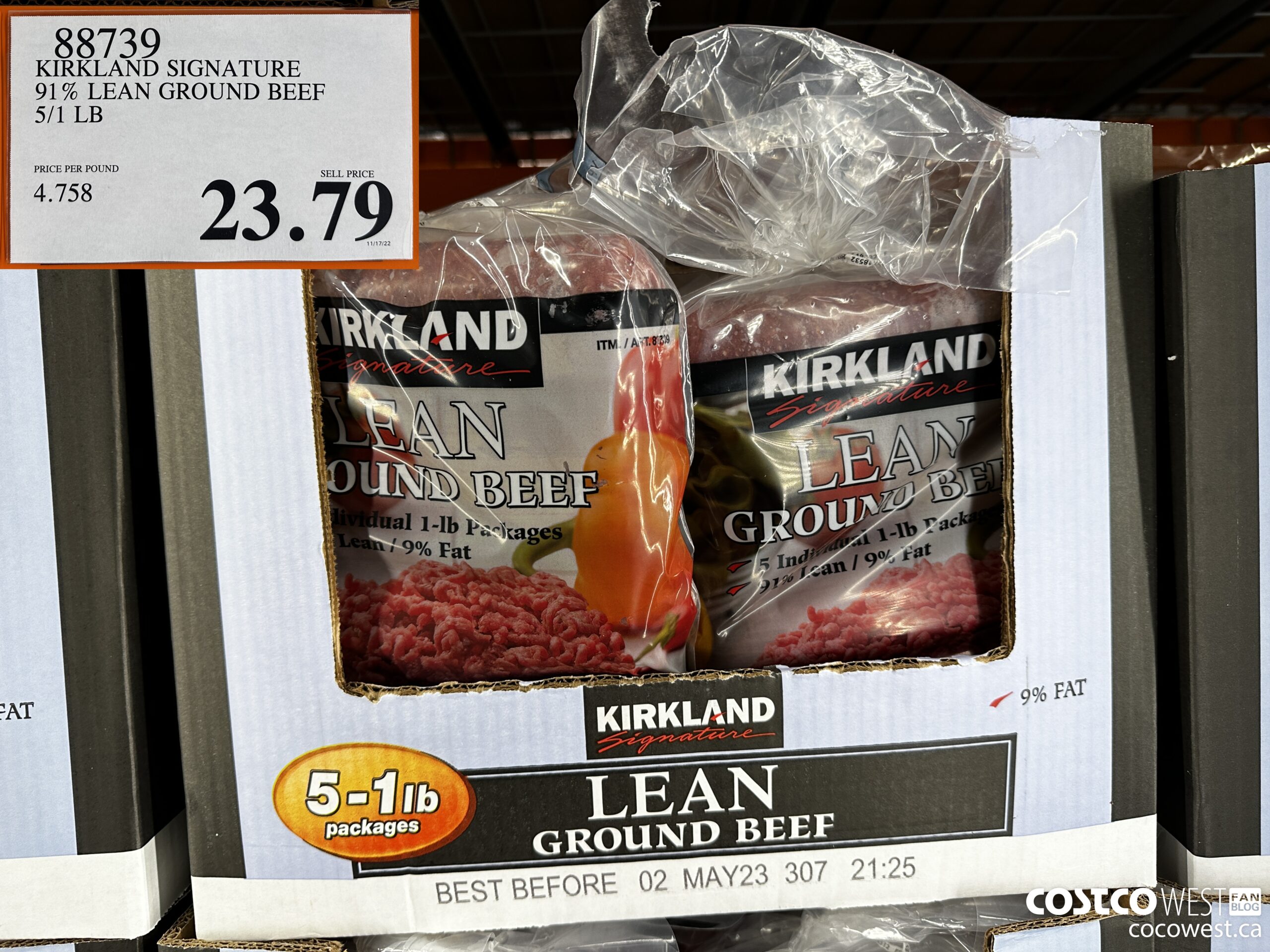 88739 KIRKLAND SIGNATURE 91% LEAN GROUND BEEF 5/1 LB  $23.79