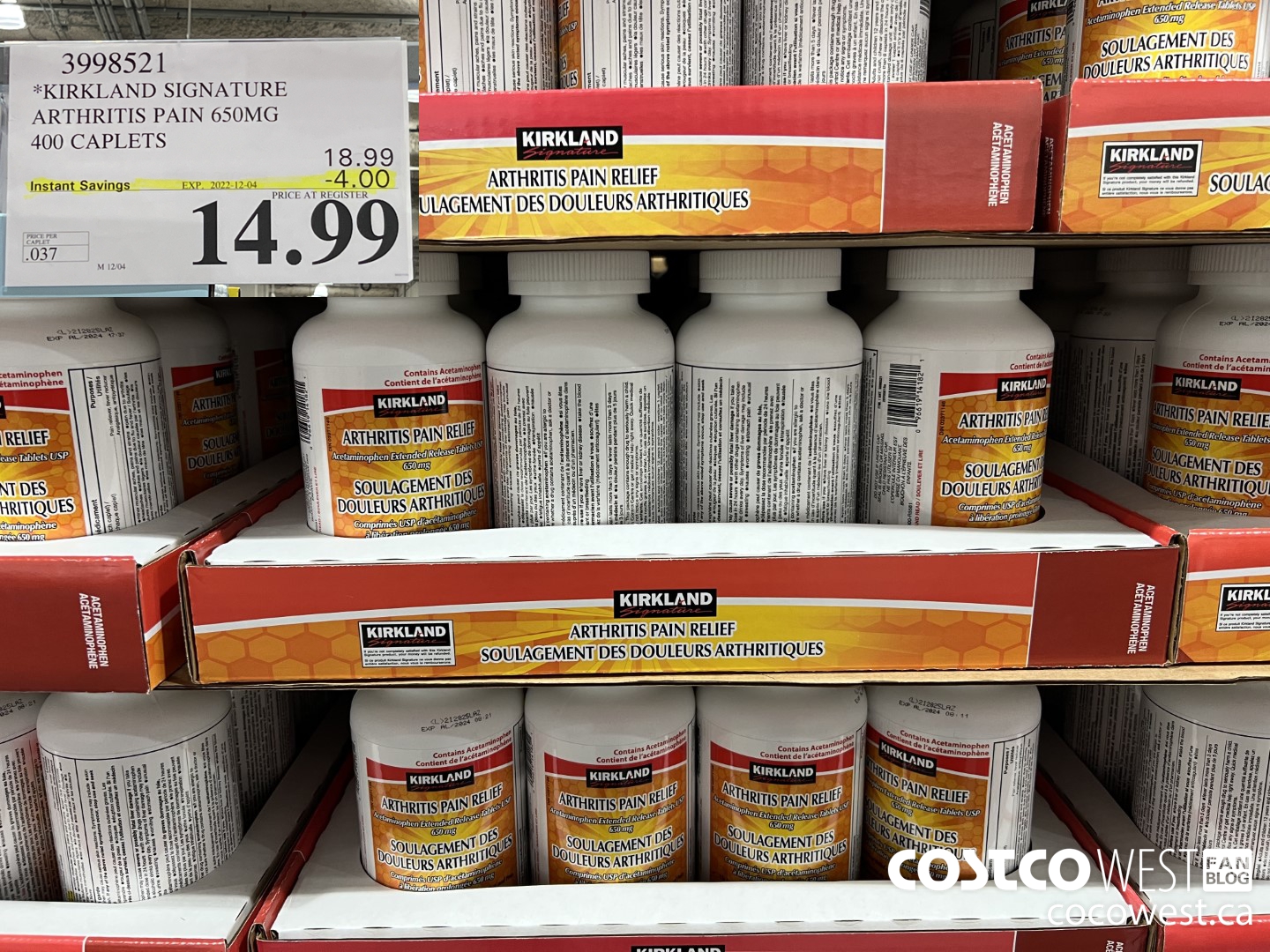 3998521 KIRKLAND SIGNATURE ARTHRITIS PAIN 650MG 400 CAPLETS ($4.00 INSTANT SAVINGS EXPIRES ON 2022-12-04) $14.99