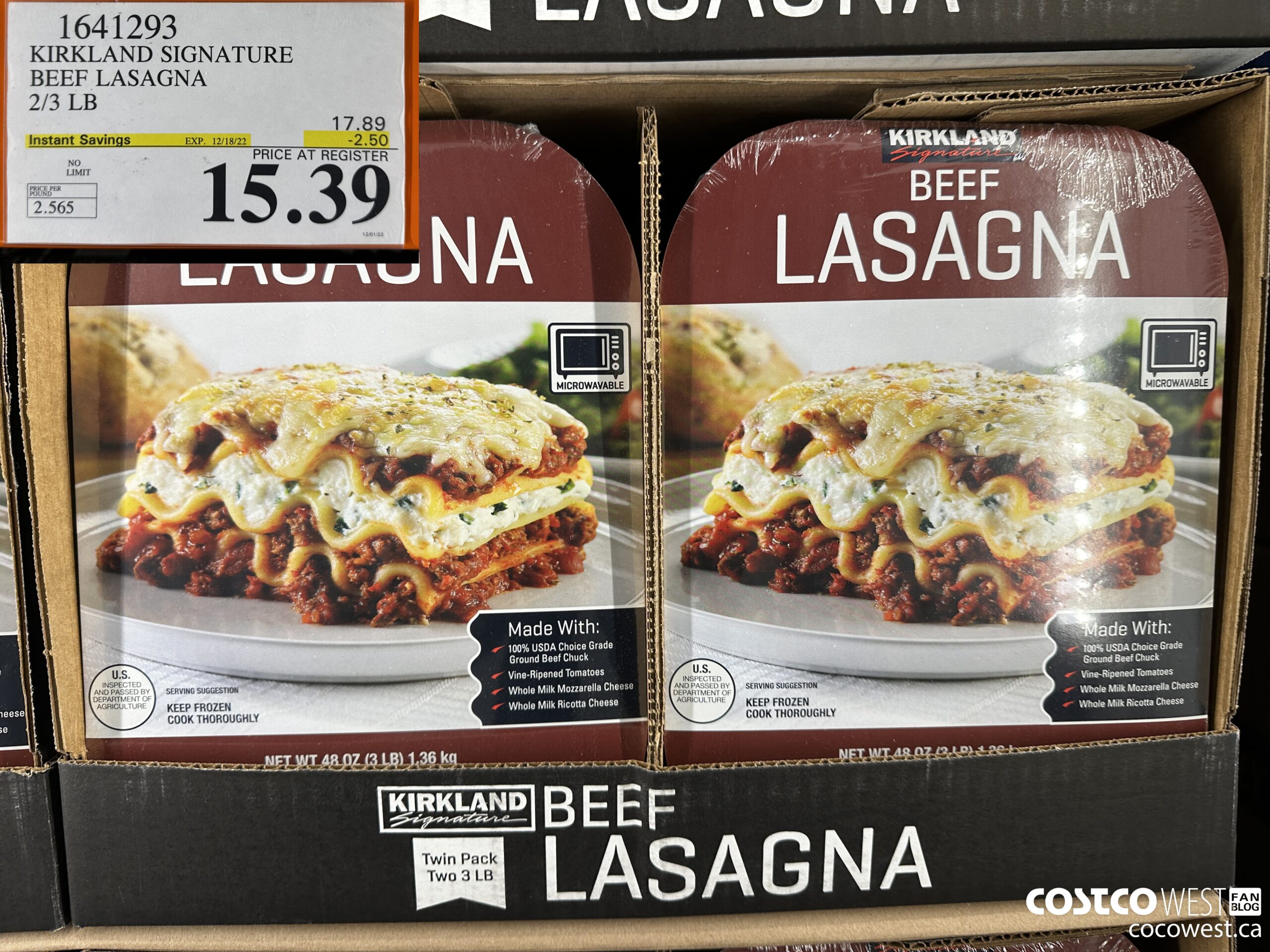 1641293 KIRKLAND SIGNATURE BEEF LASAGNA 2/3 LB ($2.50 INSTANT SAVINGS EXPIRES ON 2022-12-18) $15.39