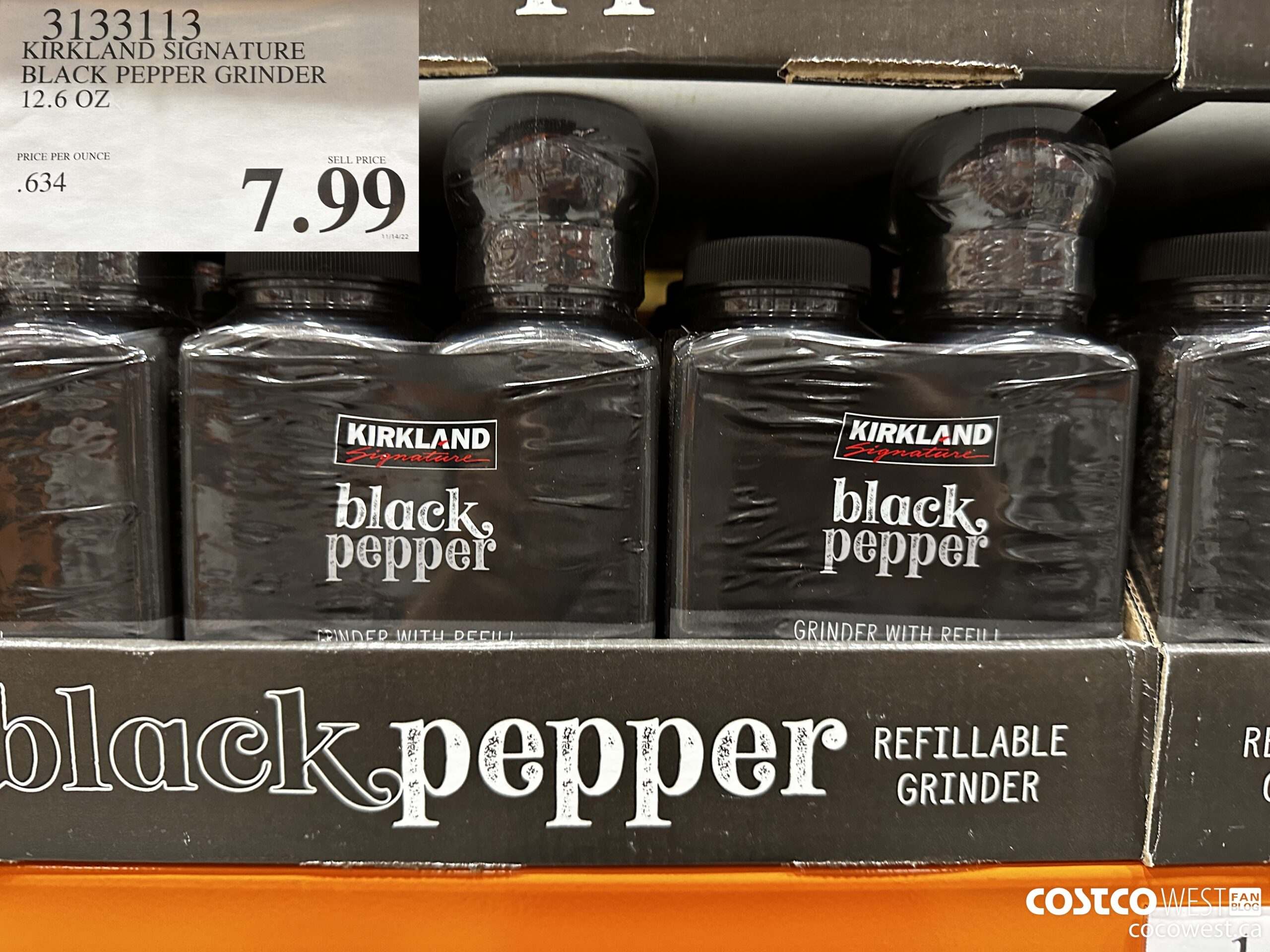 3133113 KIRKLAND SIGNATURE BLACK PEPPER GRINDER 12.6 OZ $7.99