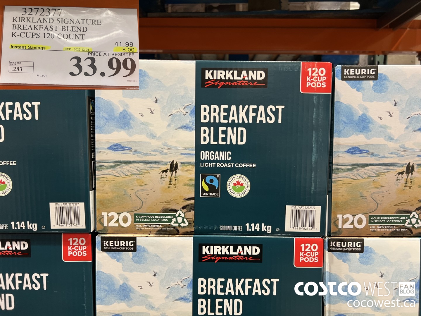 3272377 KIRKLAND SIGNATURE BREAKFAST BLEND K-CUPS 120 COUNT ($8.00 INSTANT SAVINGS EXPIRES ON 2022-12-04) $33.99