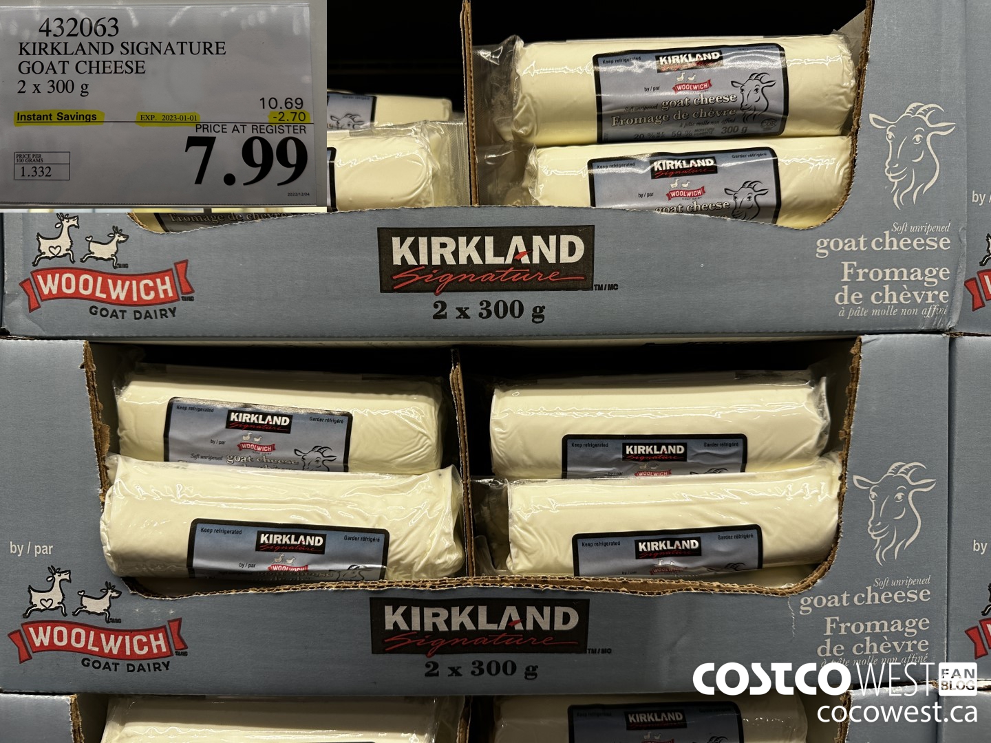 432063 KIRKLAND SIGNATURE BY WOOLWICH GOAT CHEESE 2 x 300 g ($2.70 INSTANT SAVINGS EXPIRES ON 2023-01-01) $7.99