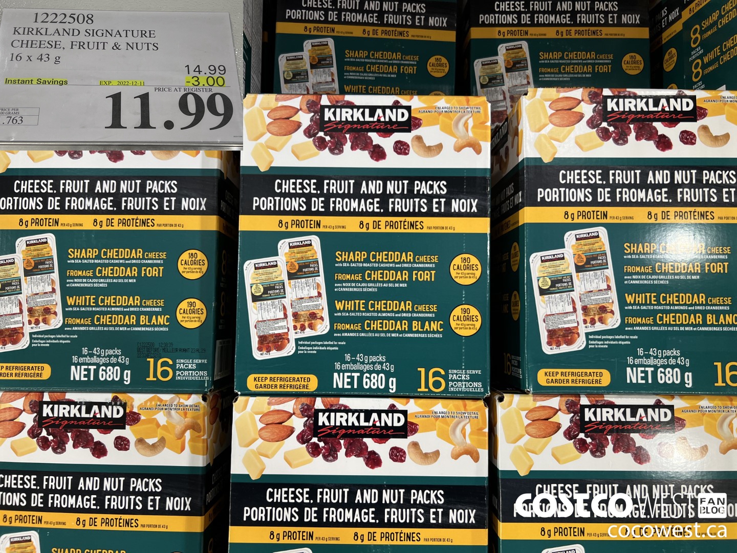 1222508 KIRKLAND SIGNATURE CHEESE, FRUIT & NUT PACKS 16/1.5 OZ ($3.00 INSTANT SAVINGS EXPIRES ON 2022-12-11) $11.99