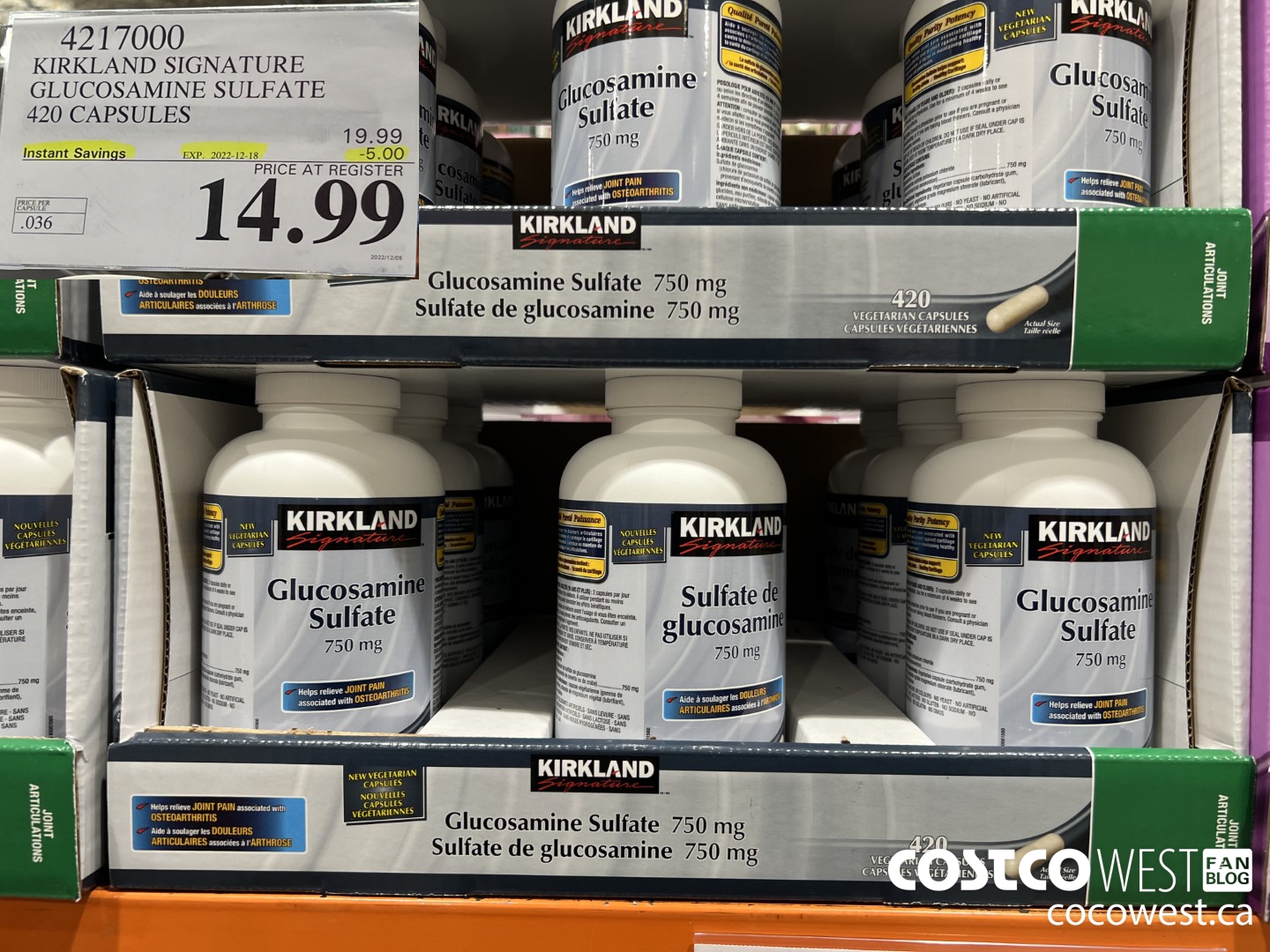 4217000 KIRKLAND SIGNATURE GLUCOSAMINE SULFATE 420 CAPSULES ($5.00 INSTANT SAVINGS EXPIRES ON 2022-12-18) $14.99