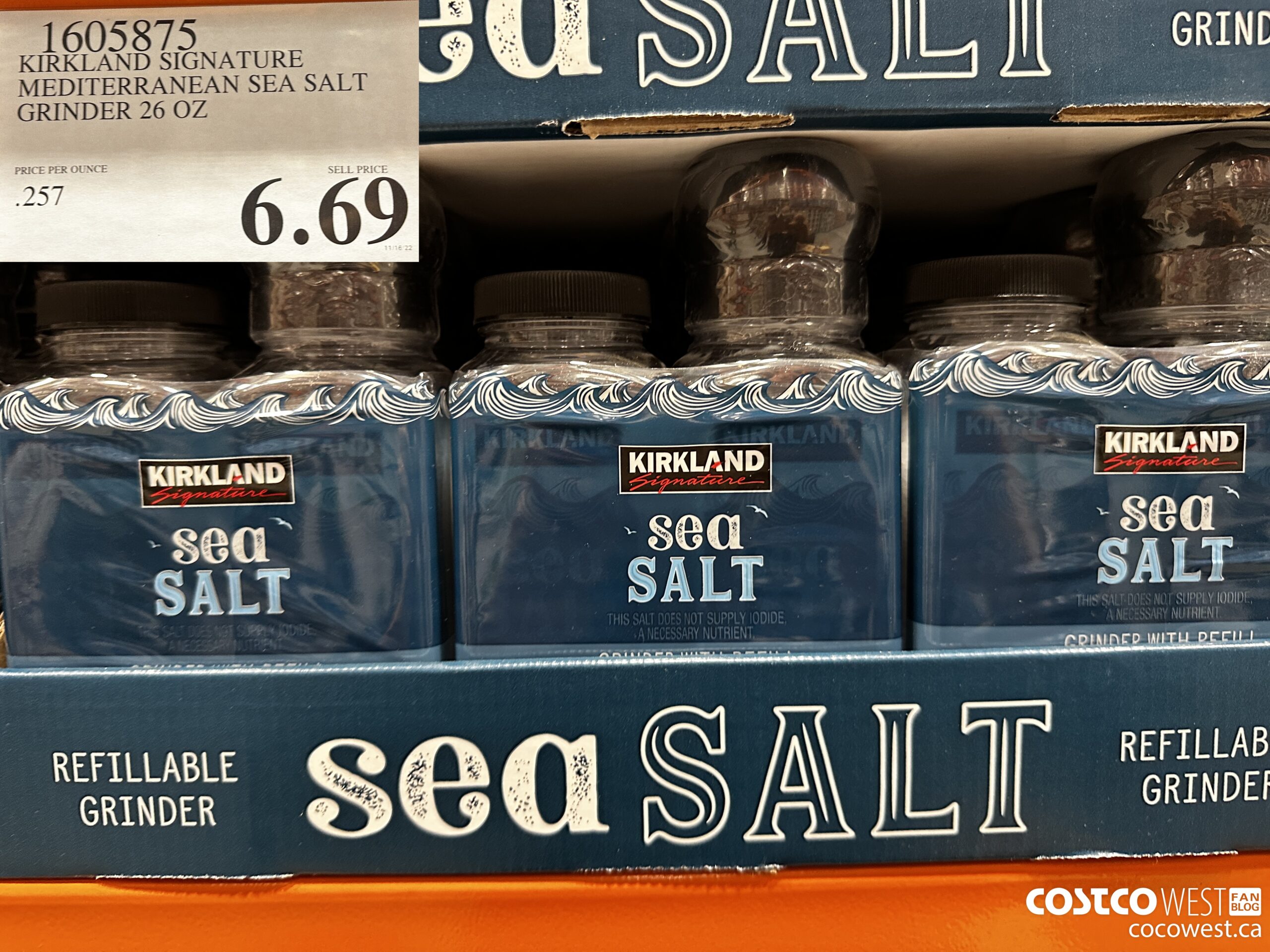 1605875 KIRKLAND SIGNATURE MEDITERRANEAN SEA SALT GRINDER 26 OZ $6.69