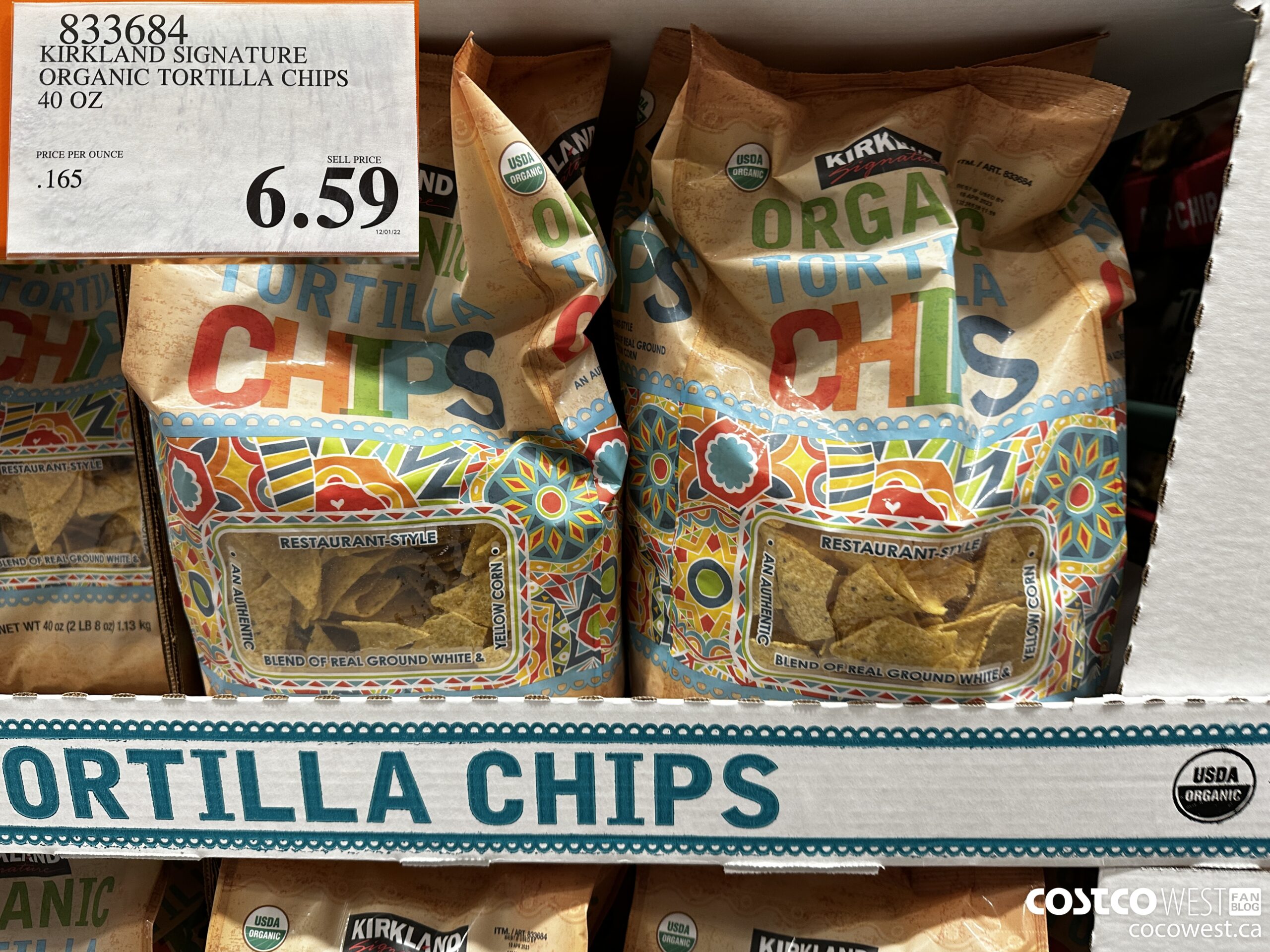 833684 KIRKLAND SIGNATURE ORGANTIC TORTILLA CHIPS 40 OZ  $6.59