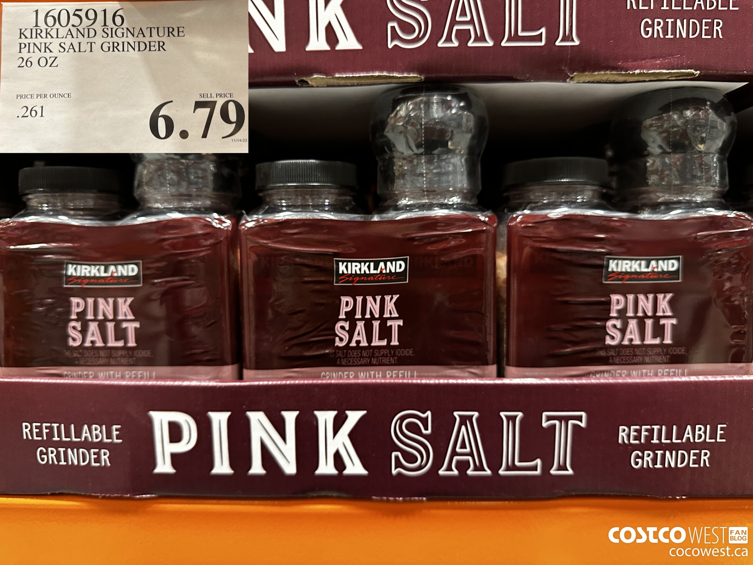 1605916 KIRKLAND SIGNATURE PINK SALT GRINDER 26 OZ $6.79