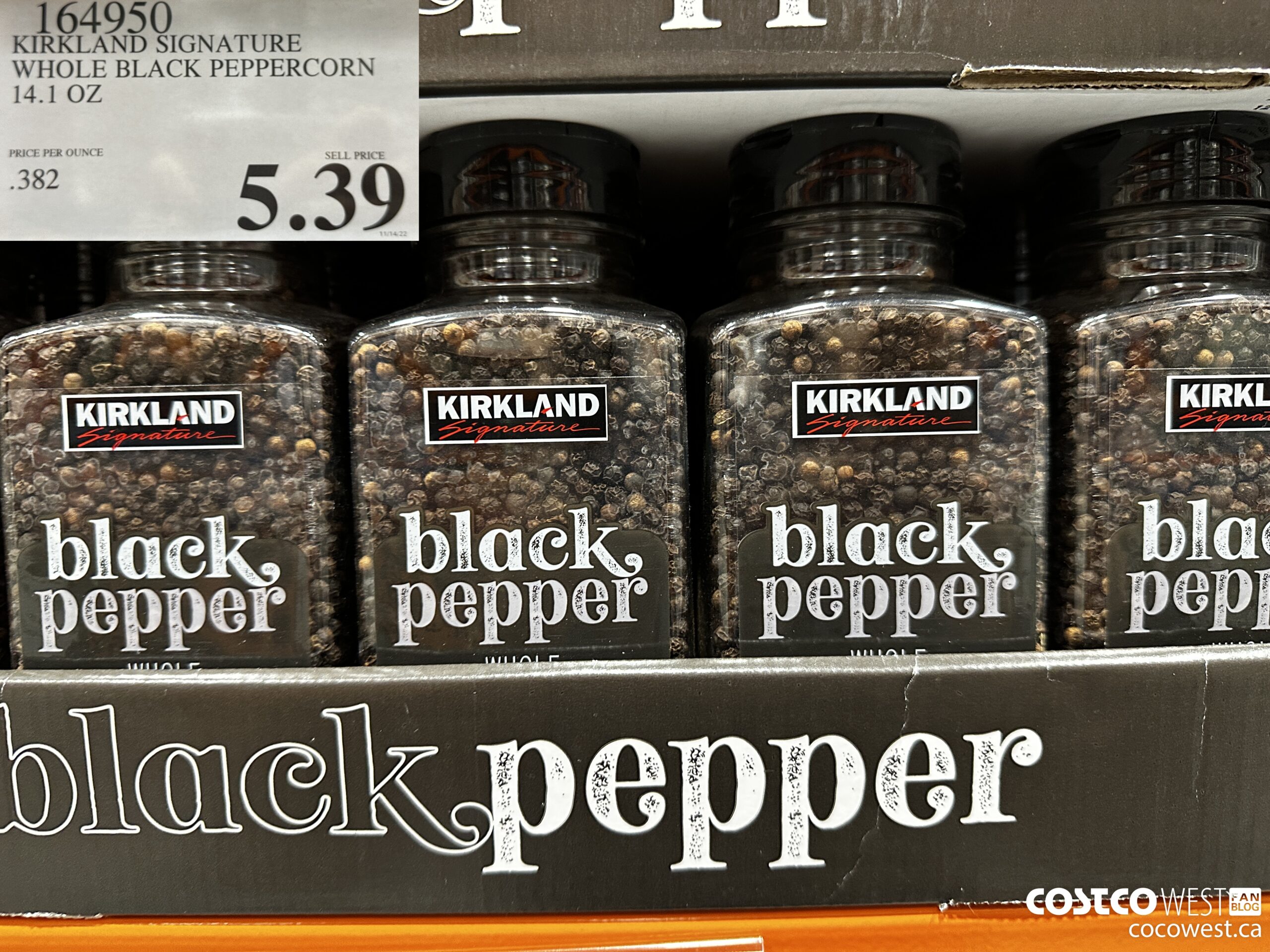 164950 KIRKLAND SIGNATURE WHOLE BLACK PEPPERCORNS 14.1 OZ $5.39