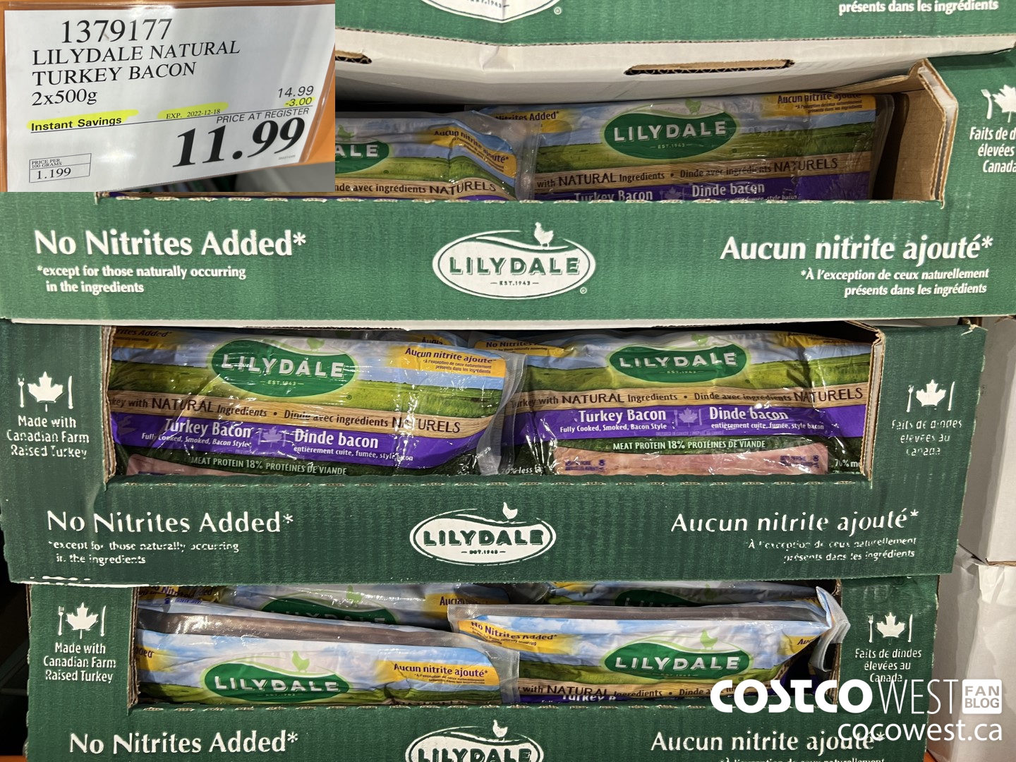 1379177 LILYDALE NATURAL TURKEY BACON 2 x 500 g ($3.00 INSTANT SAVINGS EXPIRES ON 2022-12-18) $11.99